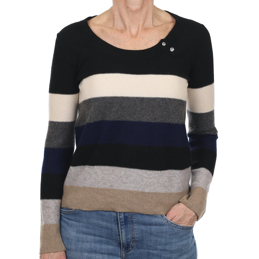 Neutral Striped Cashmere Scoop Neck Jumper Small