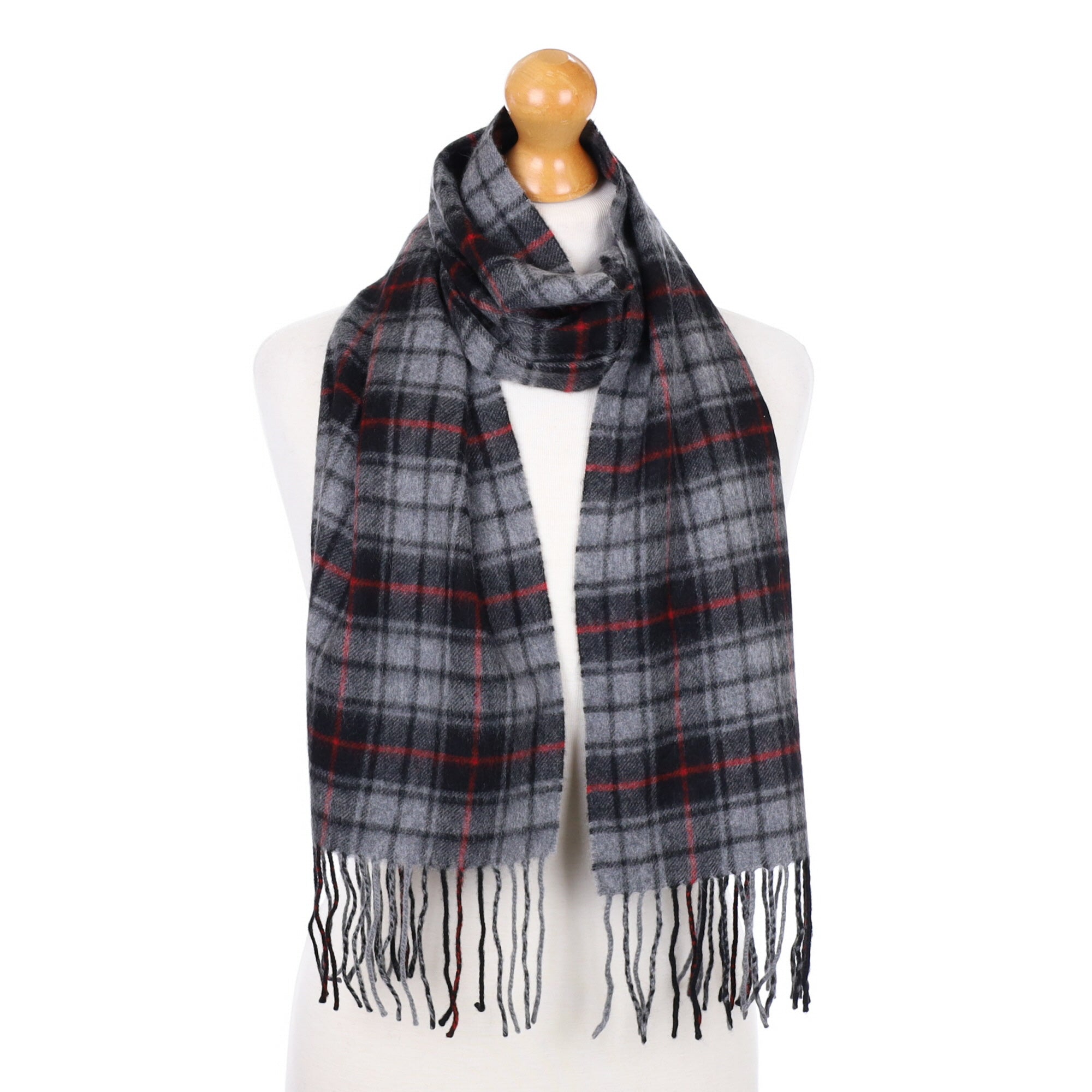 Grey and Red Checked Fringed Cashmere Woven Scarf