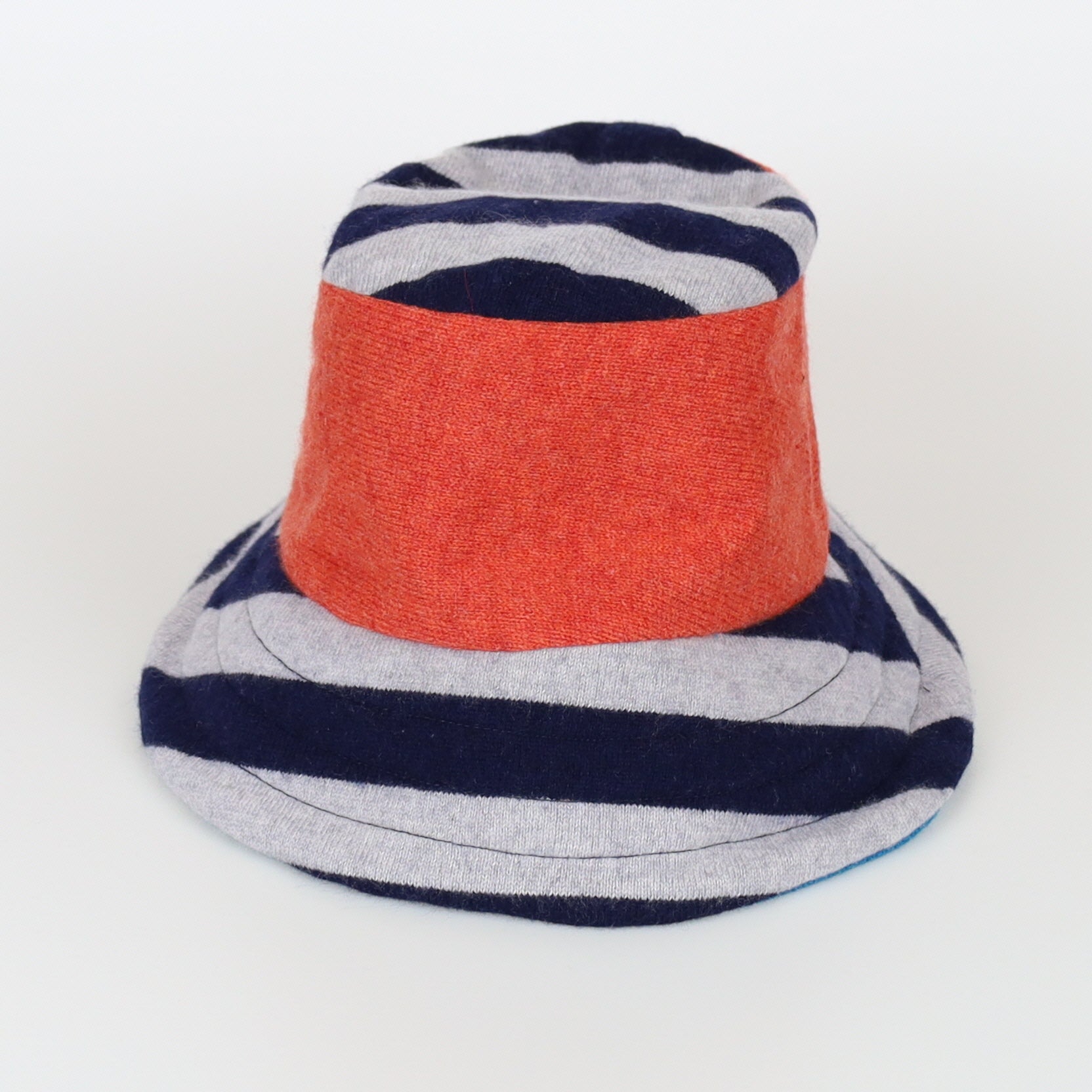 Orange and Navy Striped Reversible Cashmere Bucket Hat Small