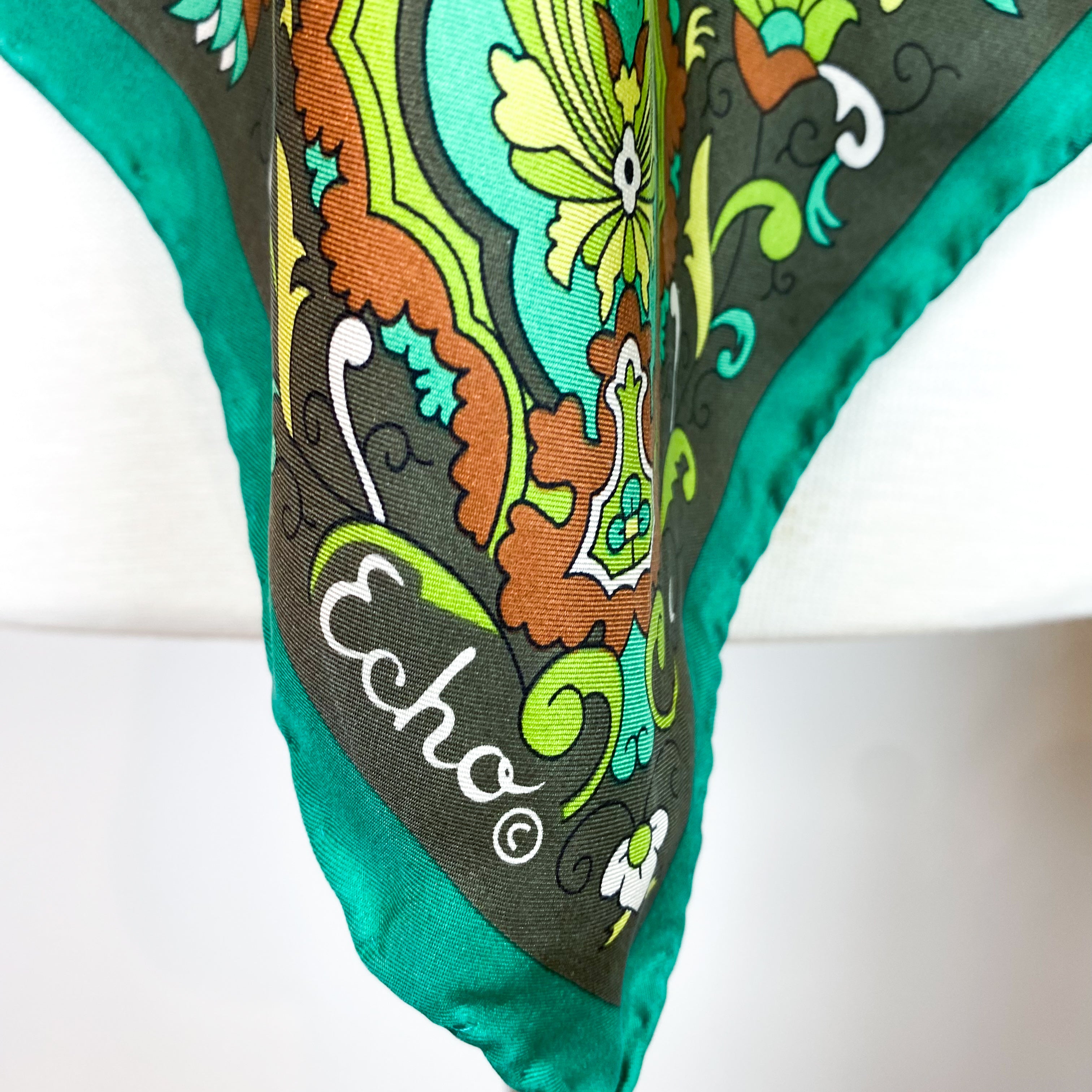 Gorgeous Patterned Green Vintage Silk Scarf