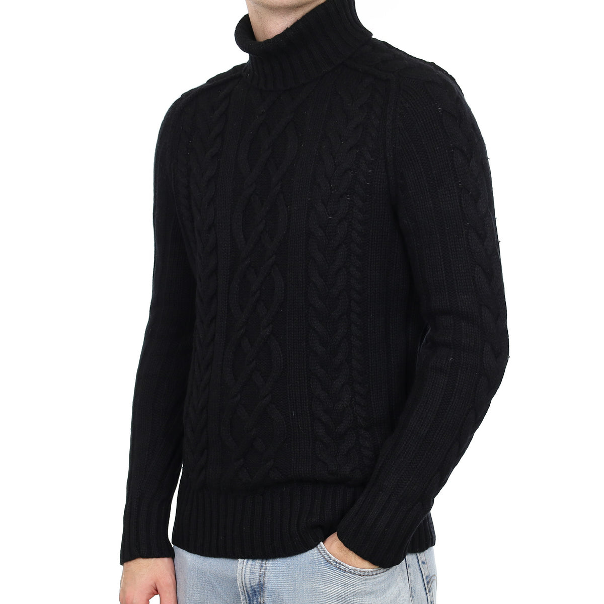 Men's Black Chunky Cable Cashmere Polo Neck Jumper Large