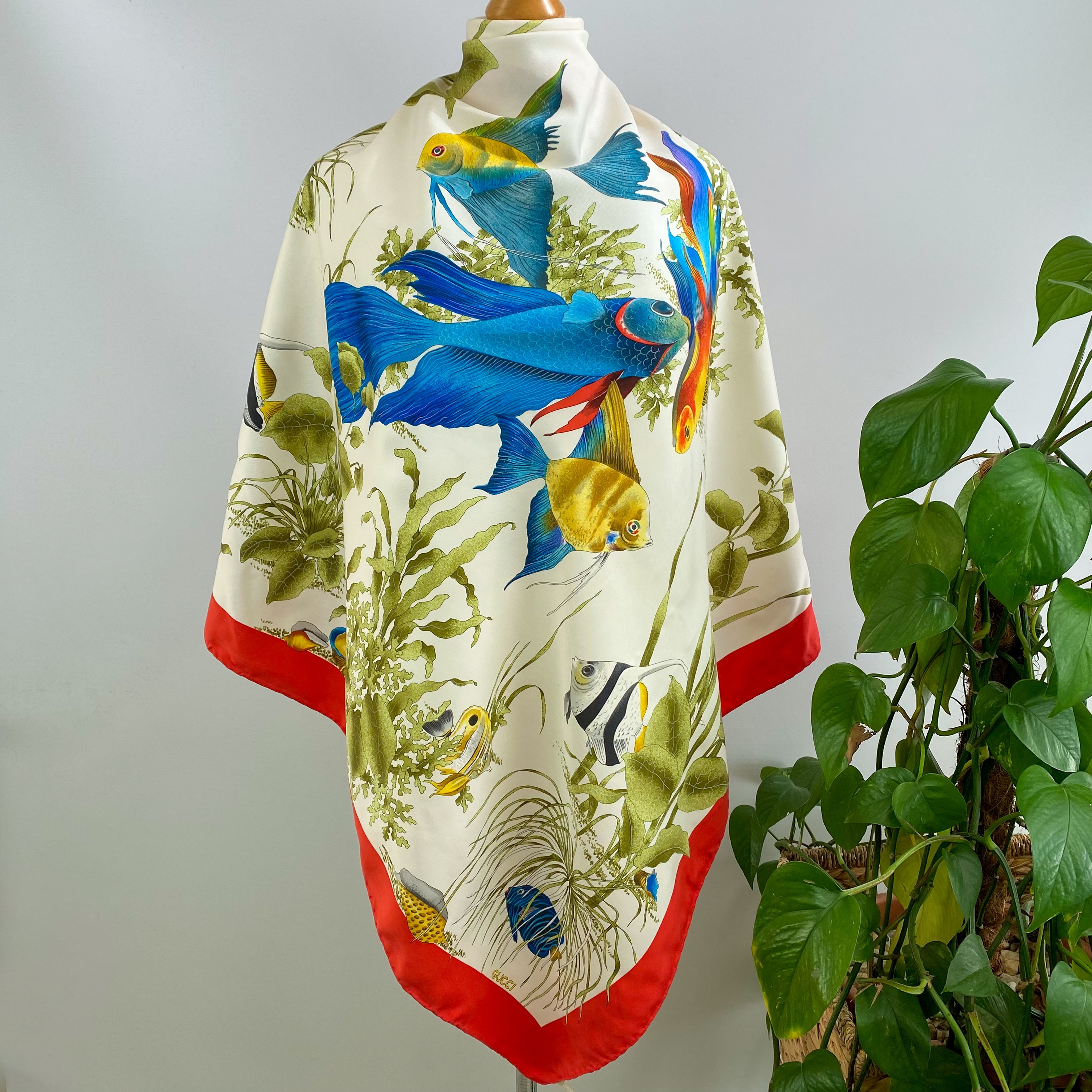 1970s Gucci Fish Designer Silk Scarf
