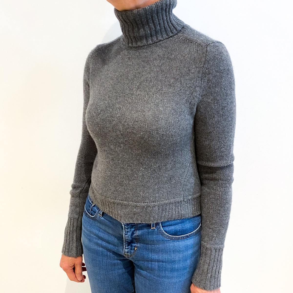 Slate Grey Cashmere Polo Neck Cropped Style Jumper Medium