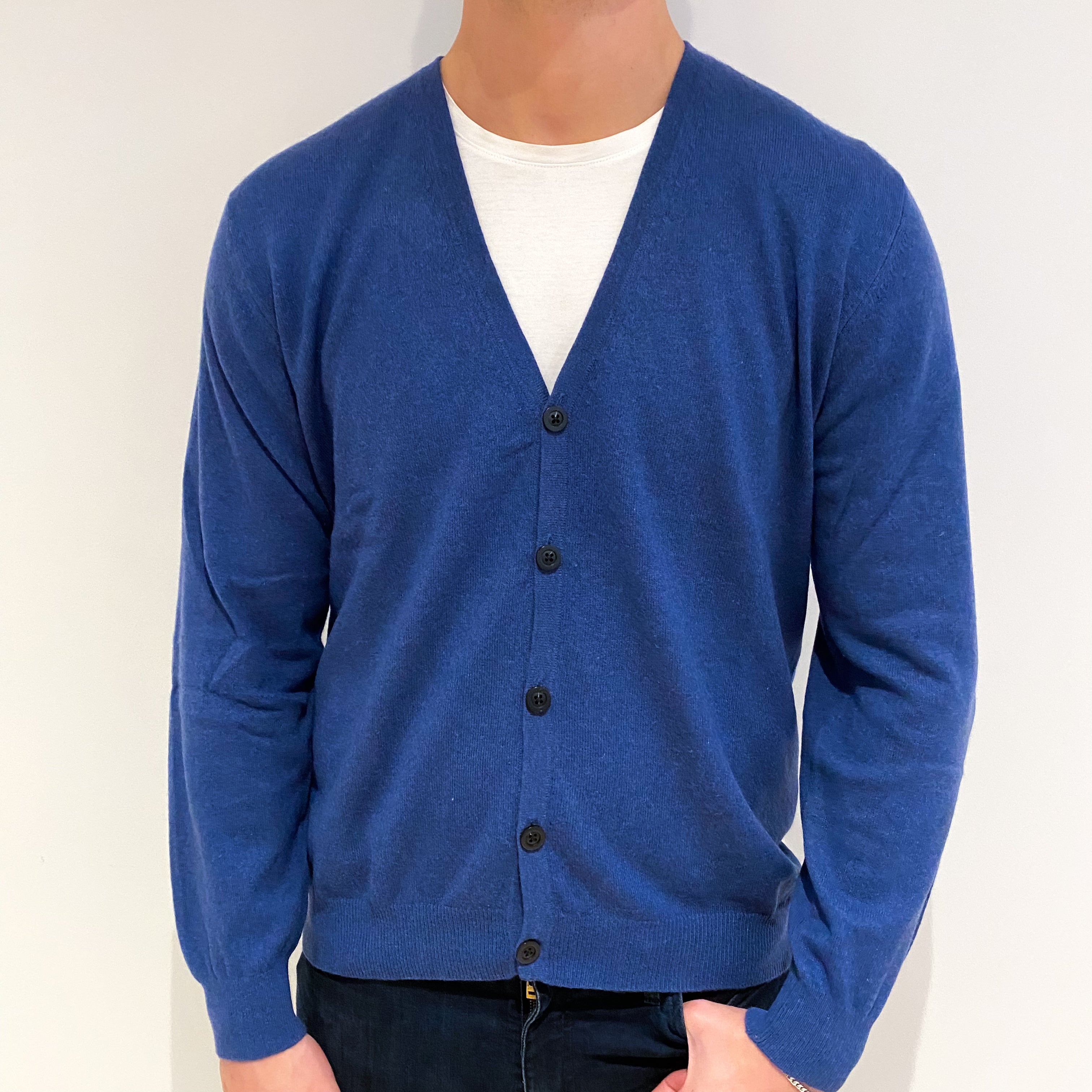 Men's Denim Blue Cashmere V Neck Cardigan XL
