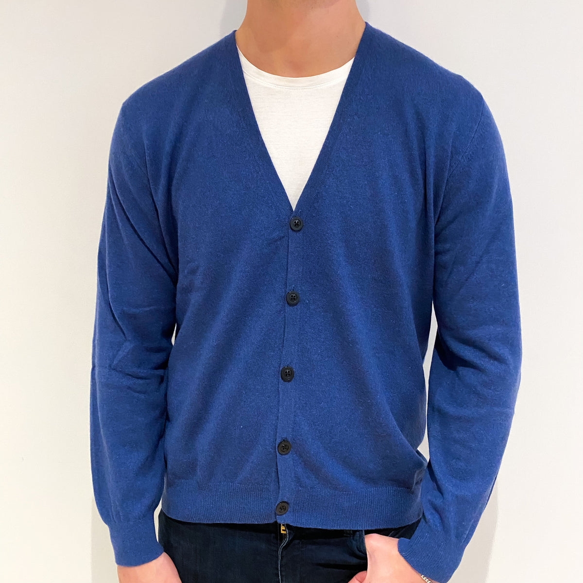 Men's Denim Blue Cashmere V Neck Cardigan XL