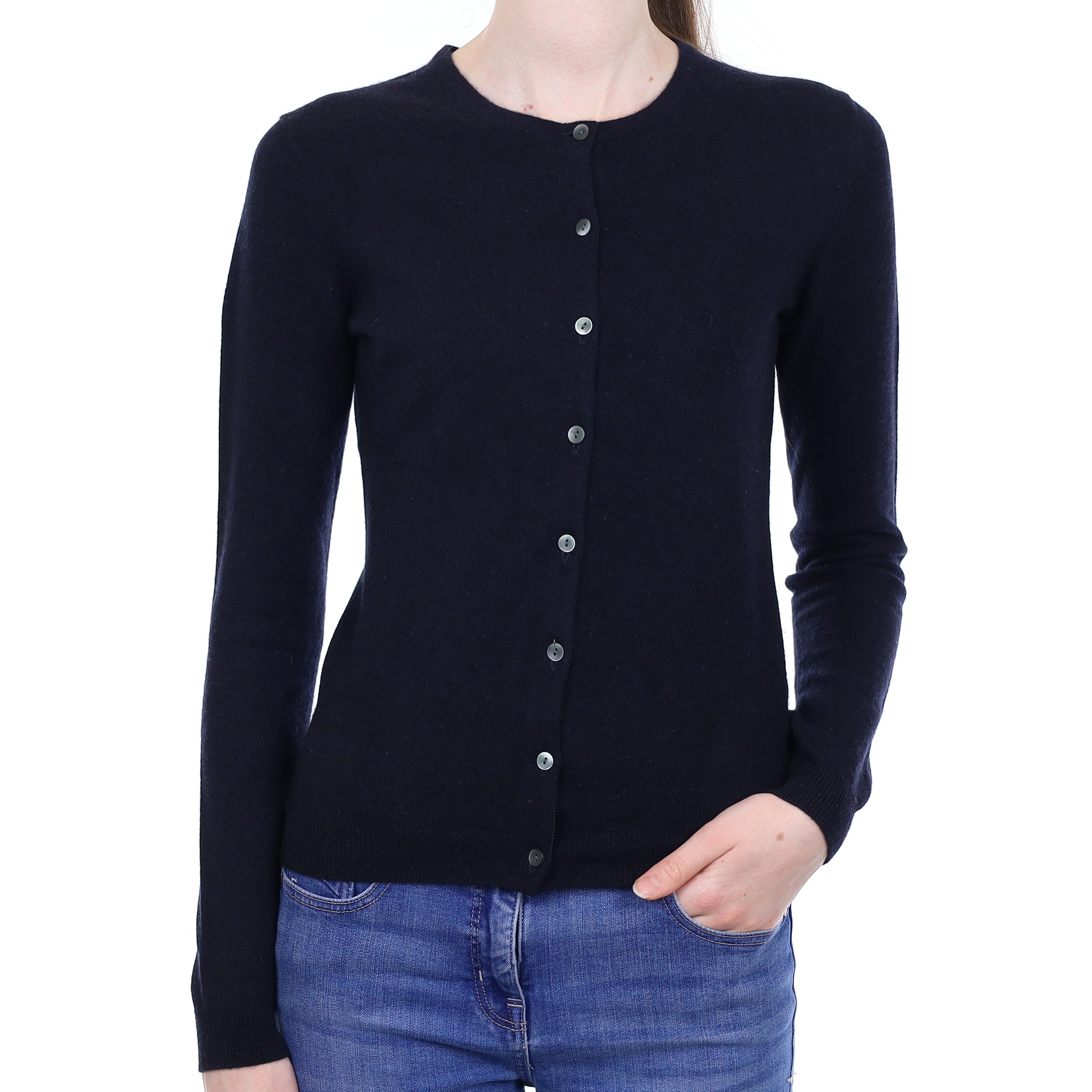 Dark Navy Cashmere Crew Neck Cardigan Extra Small