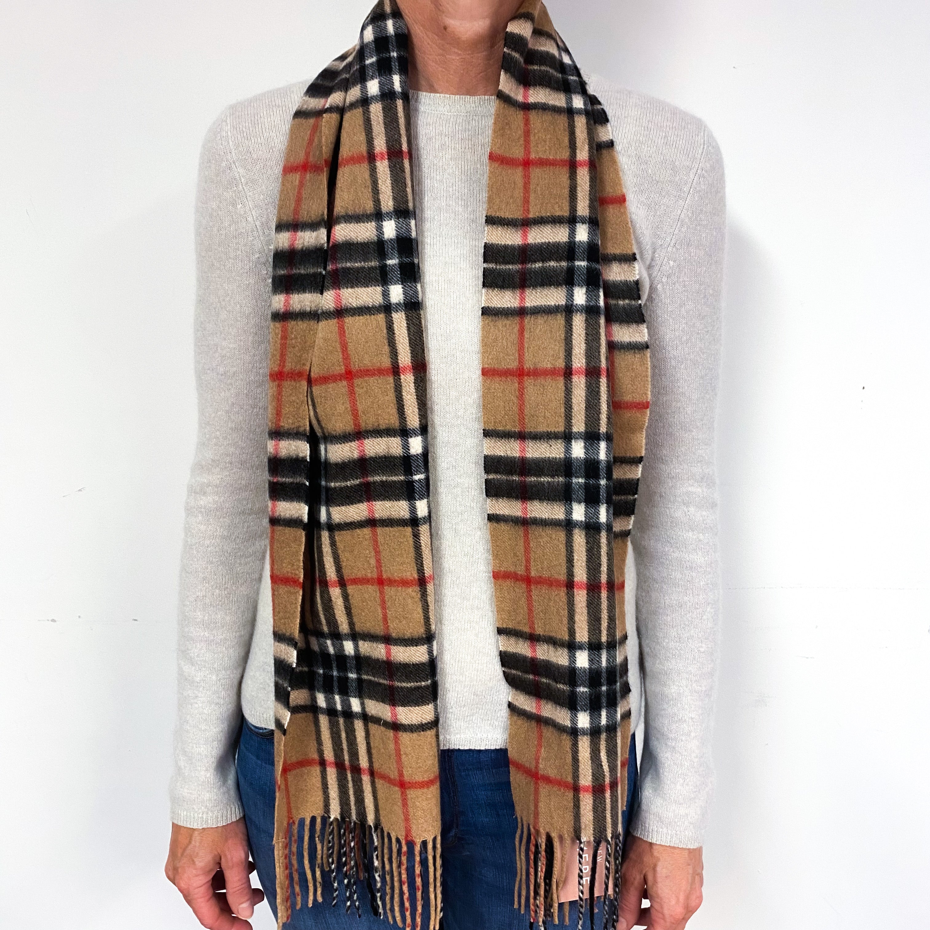 Red, Black and Camel Brown Tartan Fringed Cashmere Woven Scarf