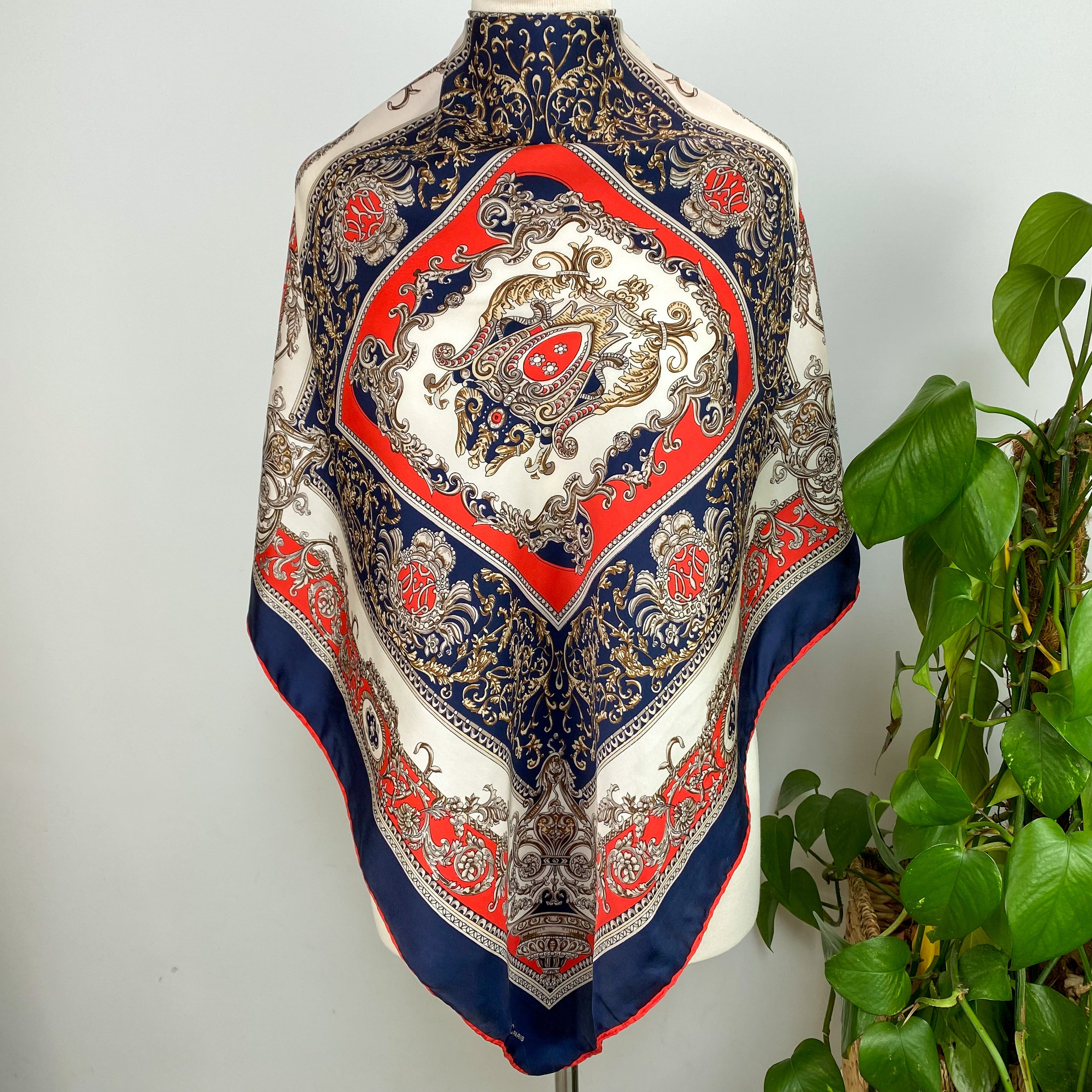 Vintage Red and Blue Le Duc Silk Scarf