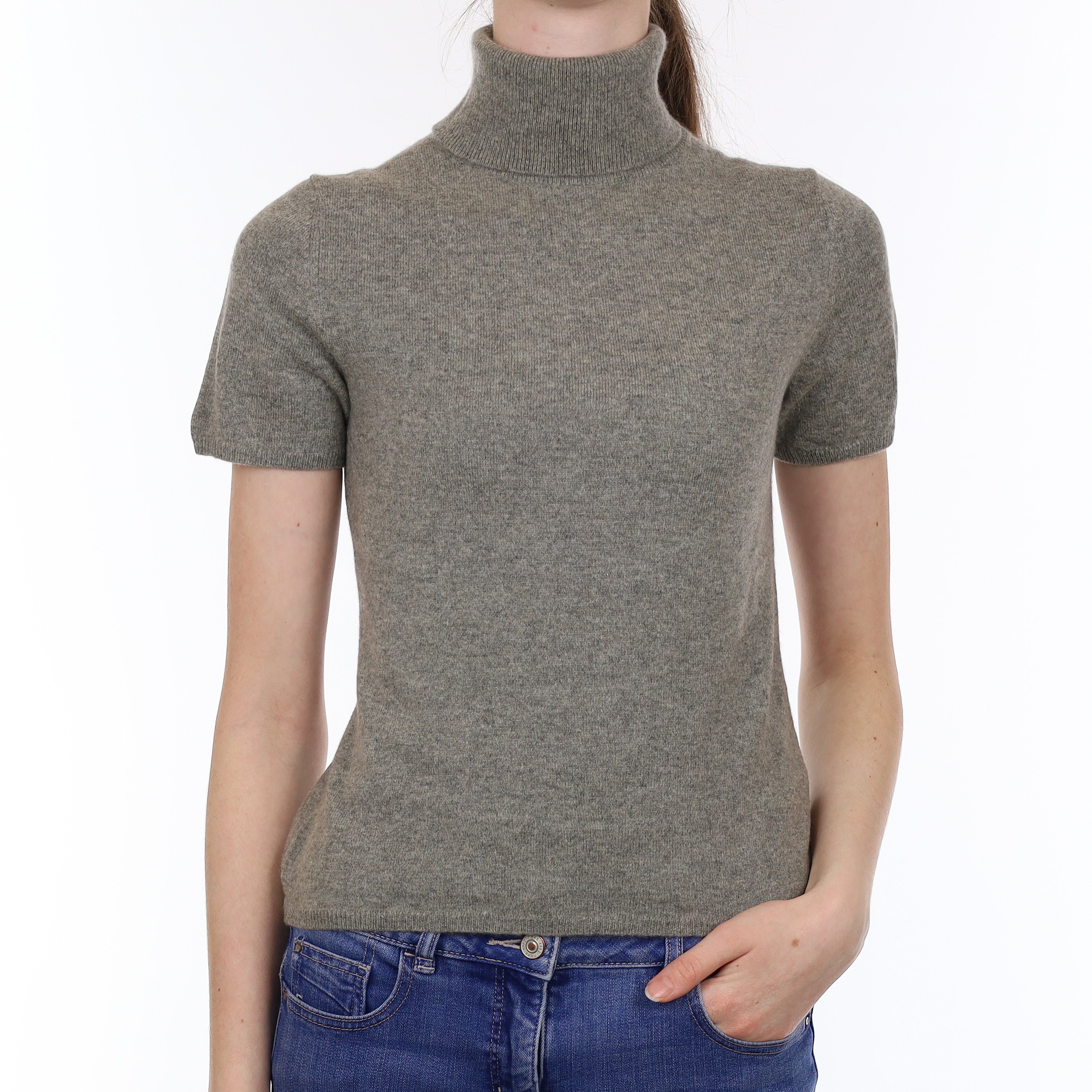 Ash Grey Cashmere Short Sleeved Polo Neck Jumper Extra Small