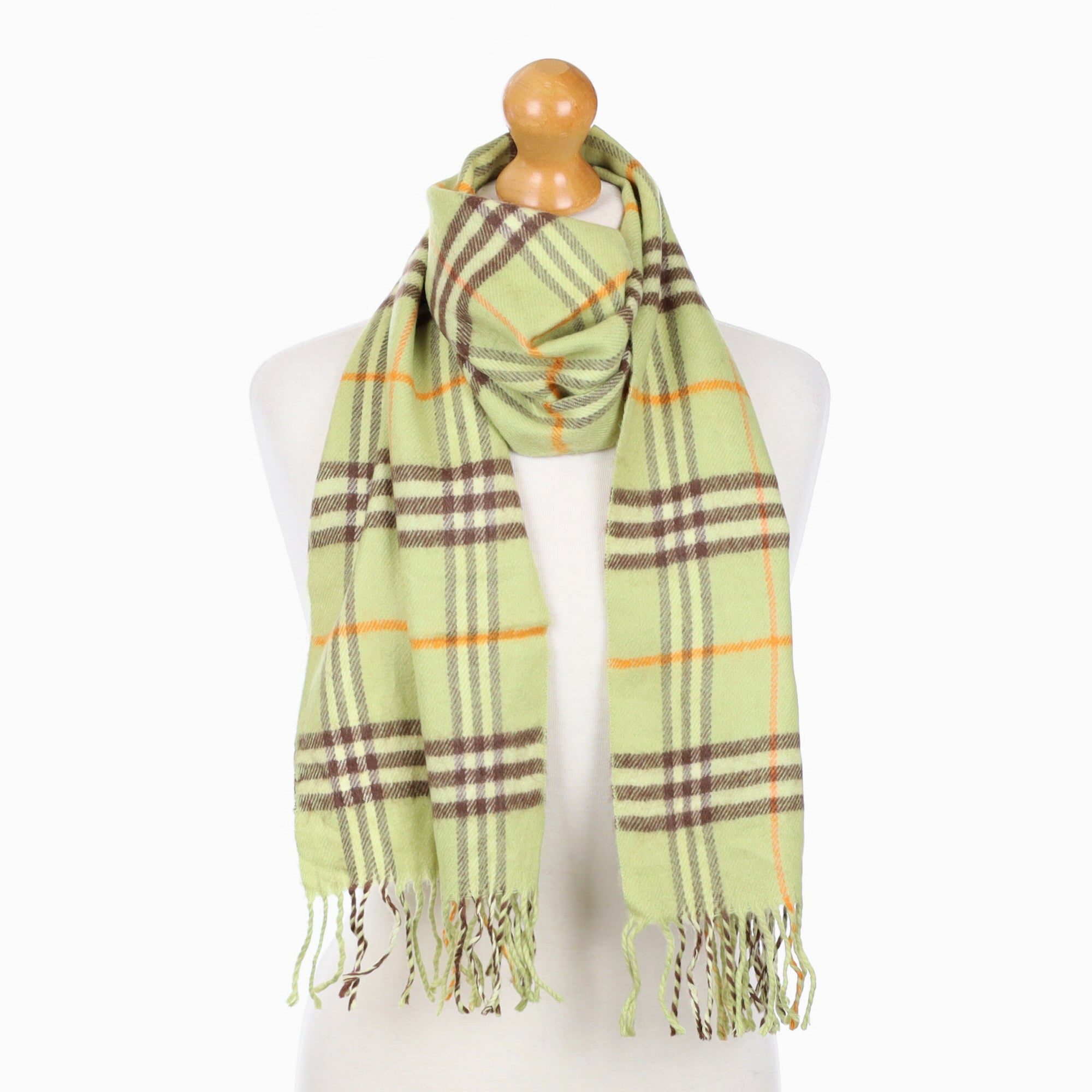 Chartreuse and Orange Checked Fringed Cashmere Woven Scarf