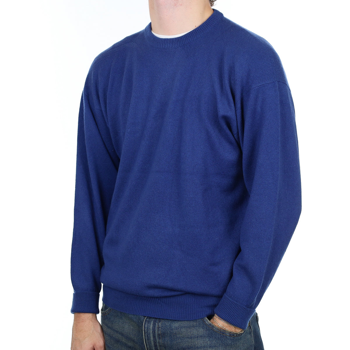 Men’s Scottish Chas N Whillans Blue Cashmere Crew Neck Jumper Large