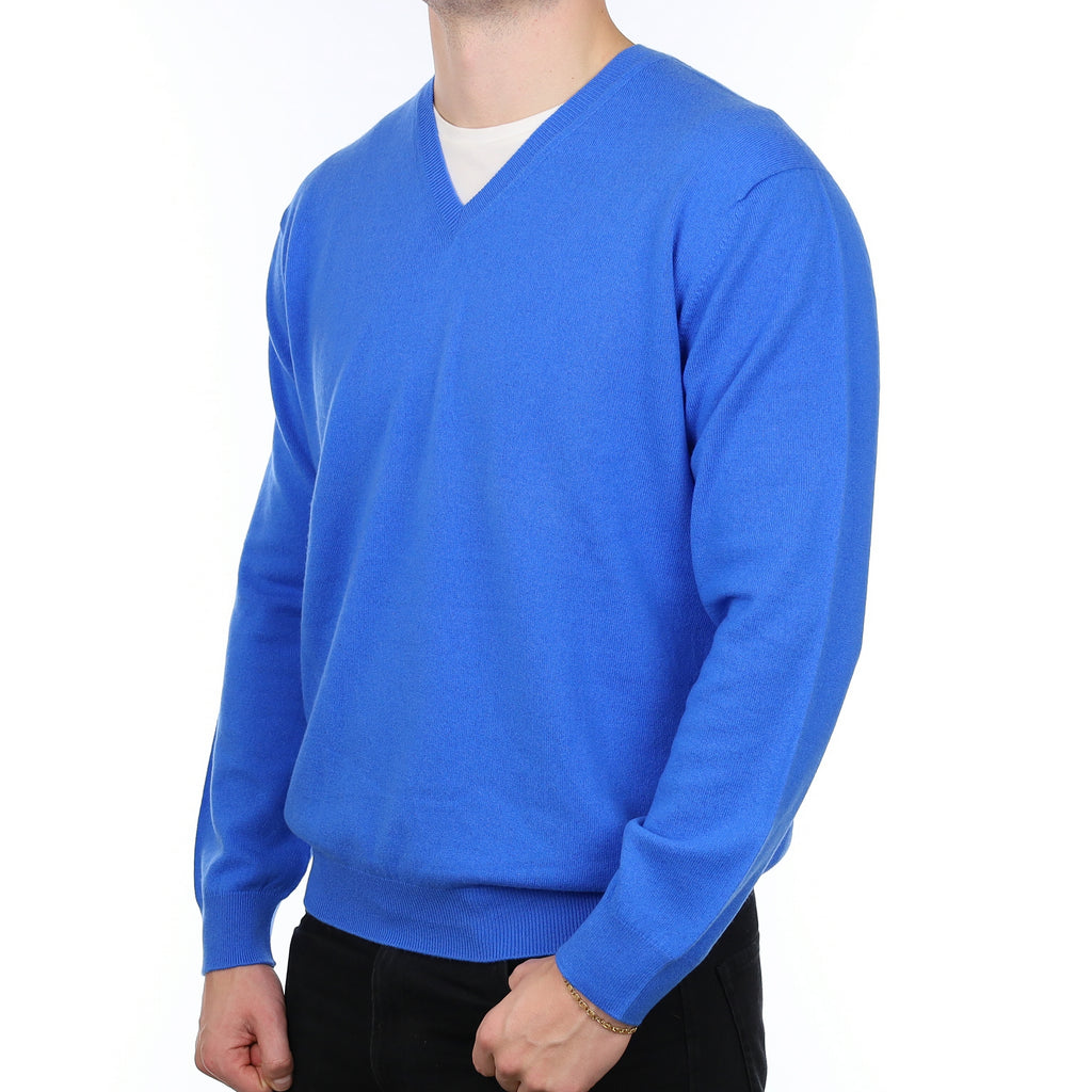 Men’s Brand New Scottish Electric Blue Cashmere V Neck Jumper XXL