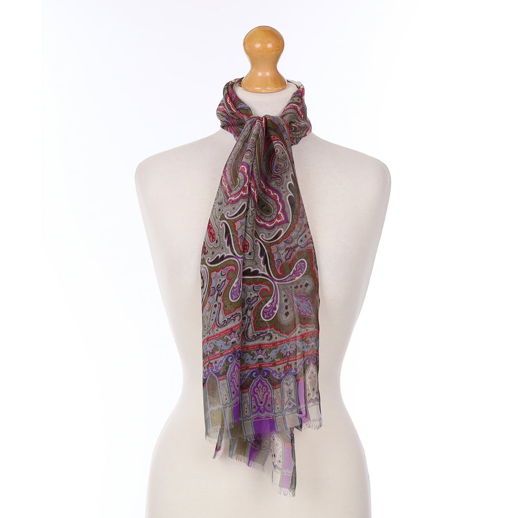 Etro Green And Purple Paisley Silk Scarf