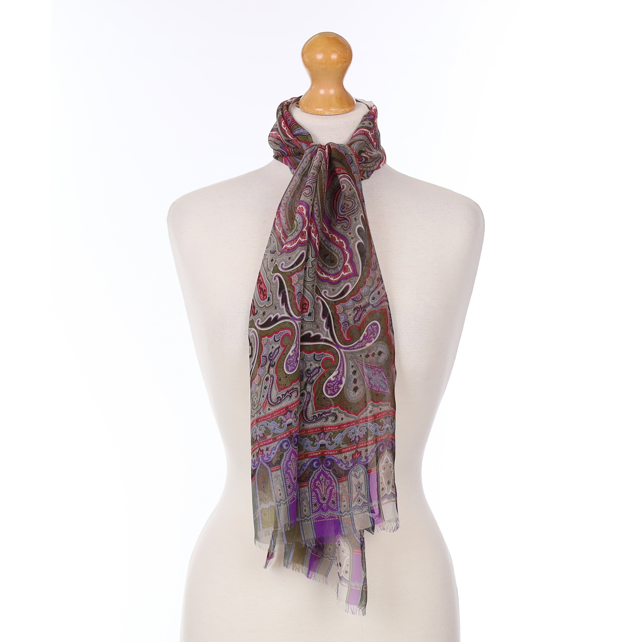 Etro Green And Purple Paisley Silk Scarf