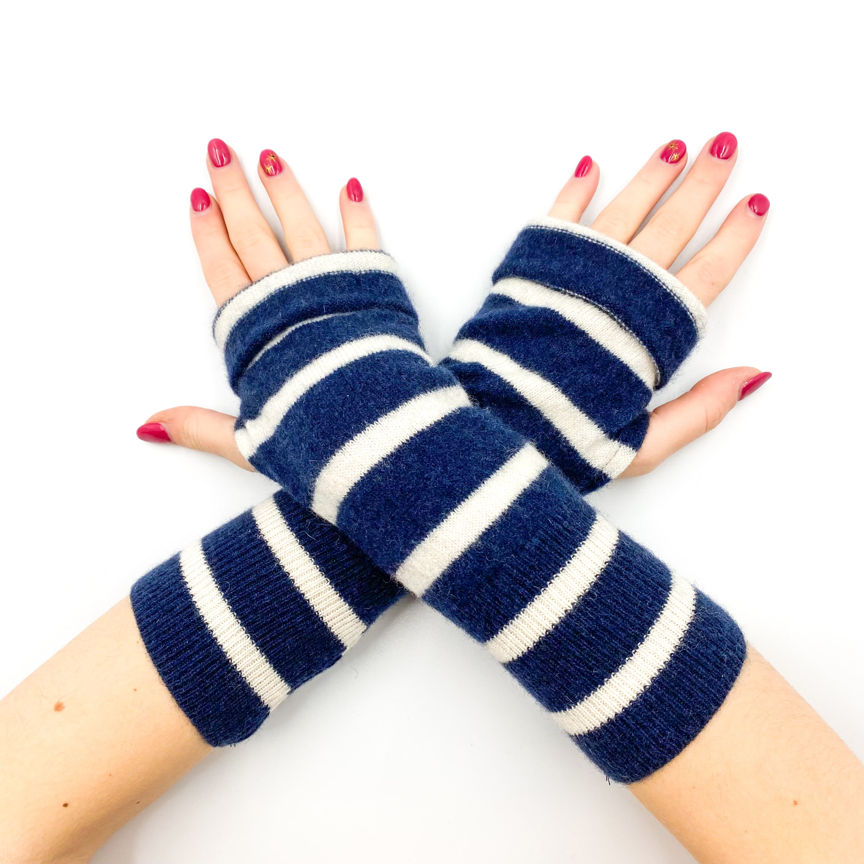 Navy and Ivory Stripe Fingerless Gloves