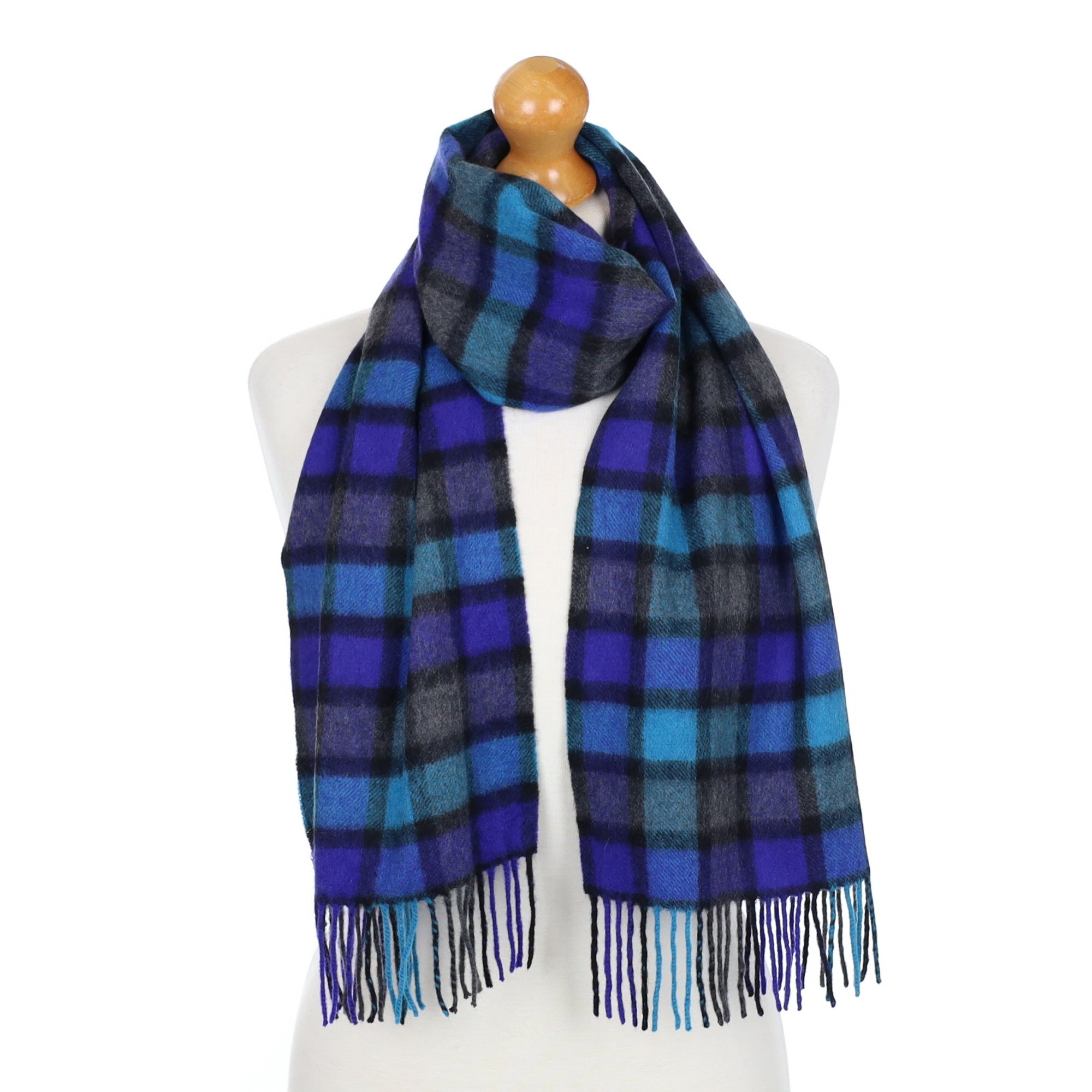 Turquoise and Indigo Checked  Fringed Cashmere Woven Scarf