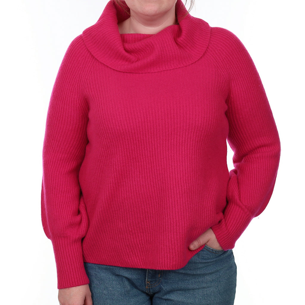 Hot Pink Ribbed Cashmere Cowl Neck Jumper Large