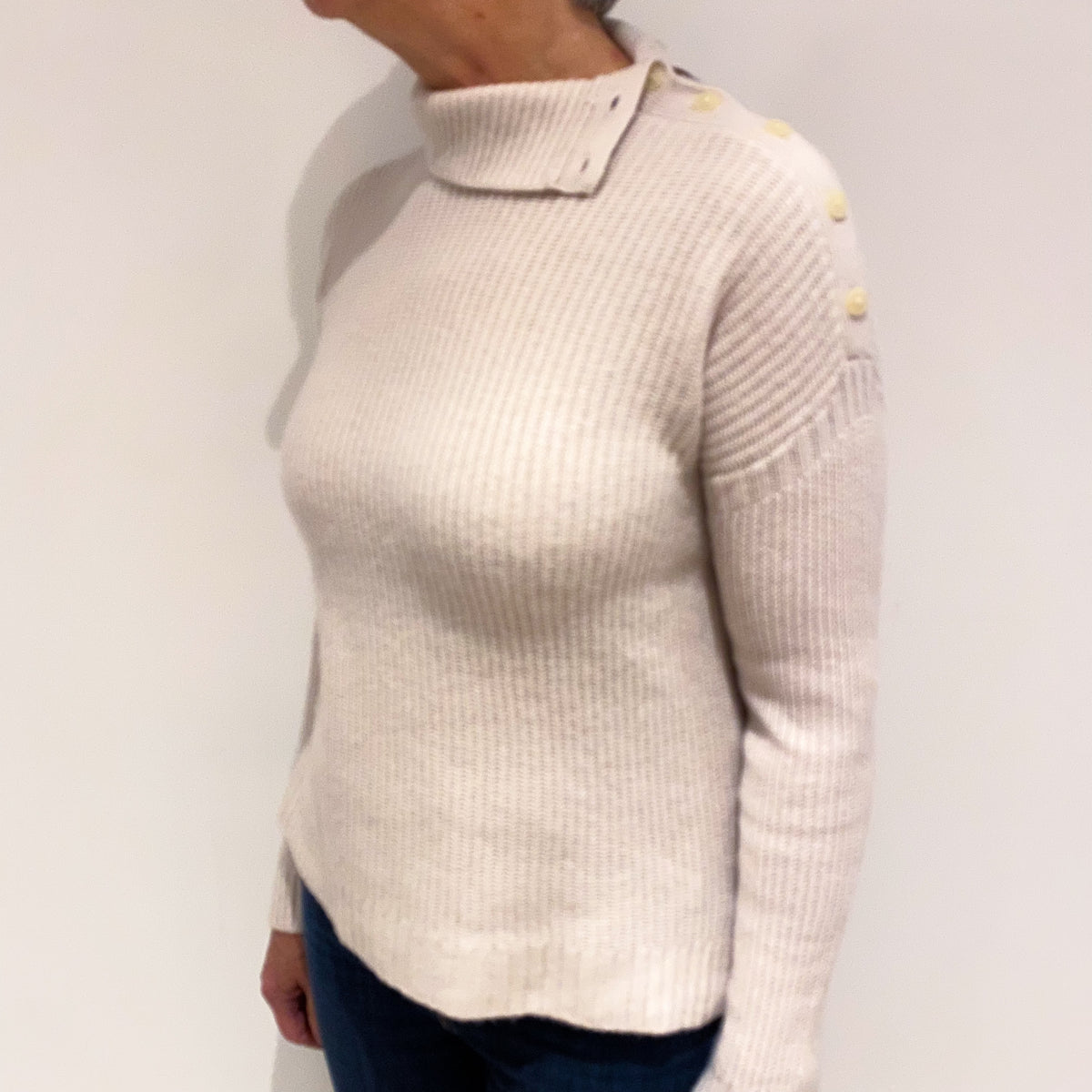 Alabaster Chunky Rib Cashmere Buttoned Polo Neck Jumper Medium