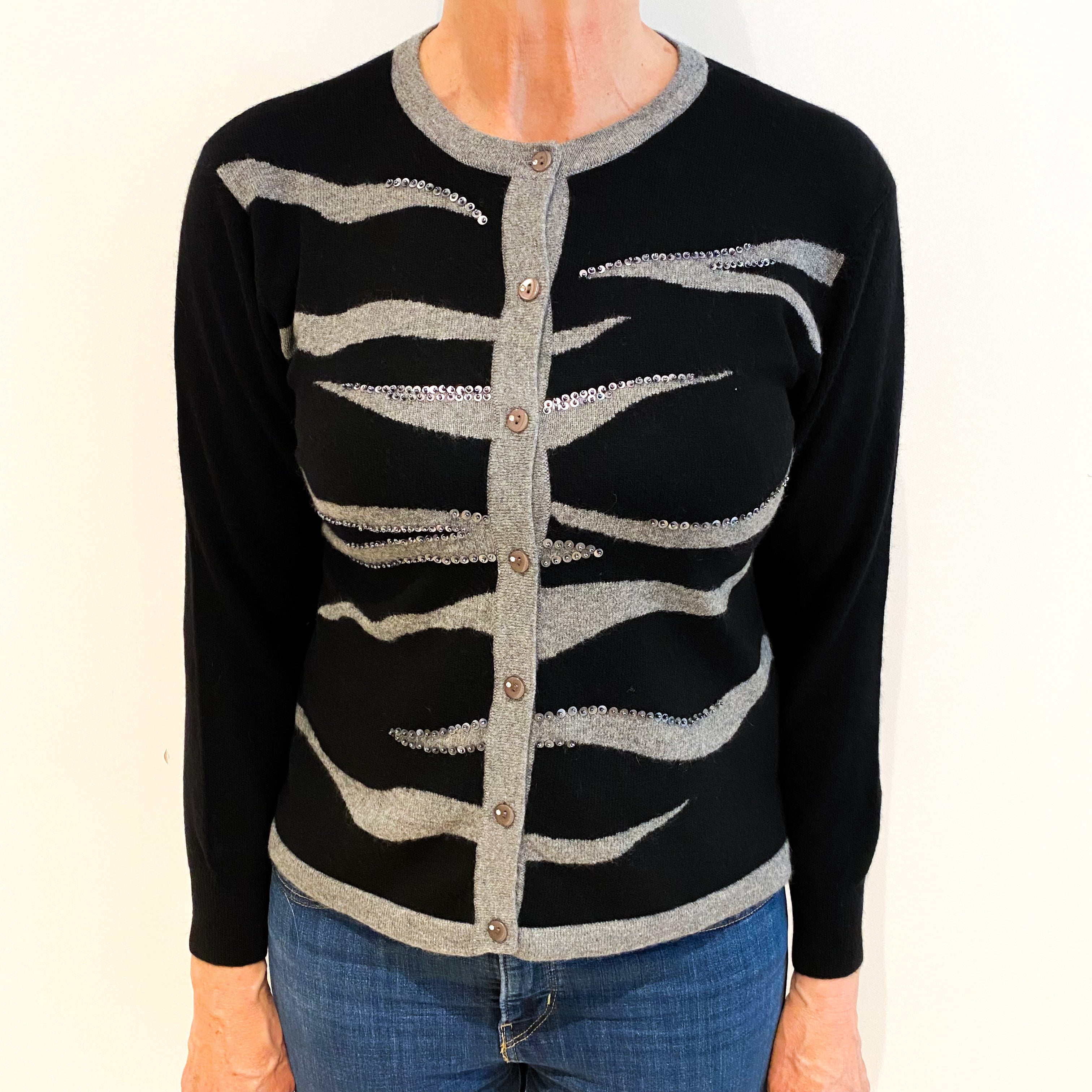 Black Patterned Cashmere Crew Neck Cardigan Medium
