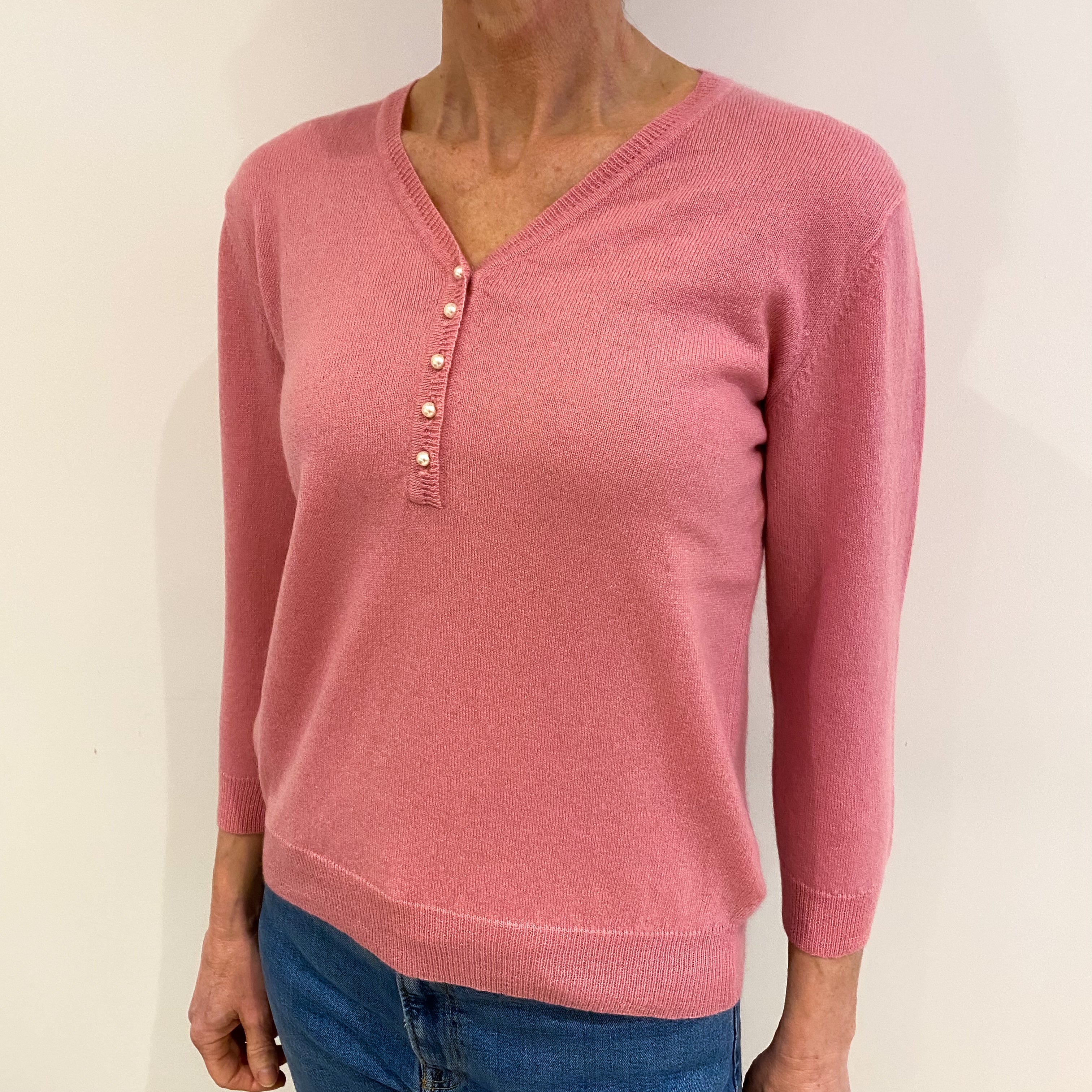 Sugarmouse Pink Cashmere 13/4 Button Up V Neck Jumper Small