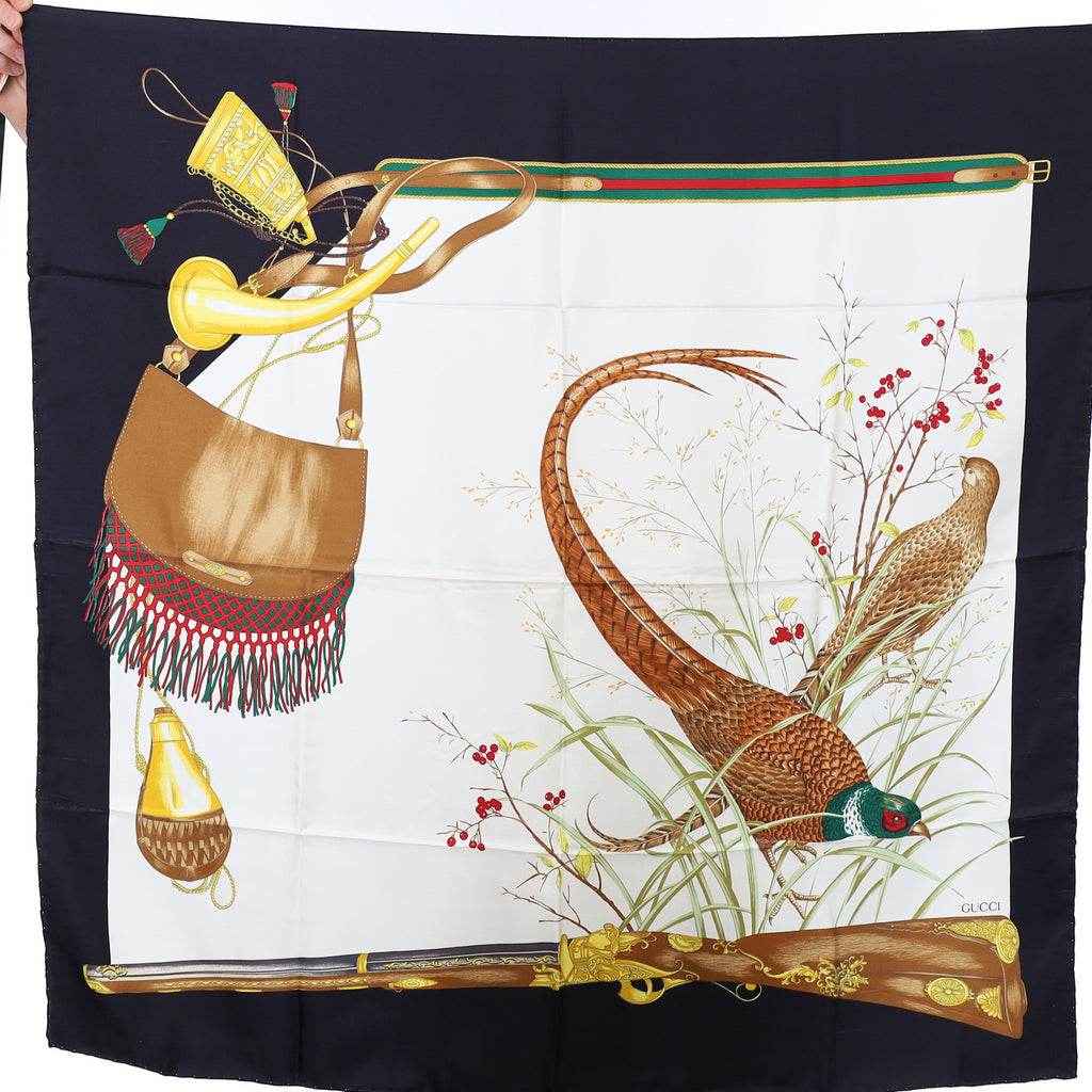 Brand New Gucci Black Pheasant Hunt Vintage Silk Scarf