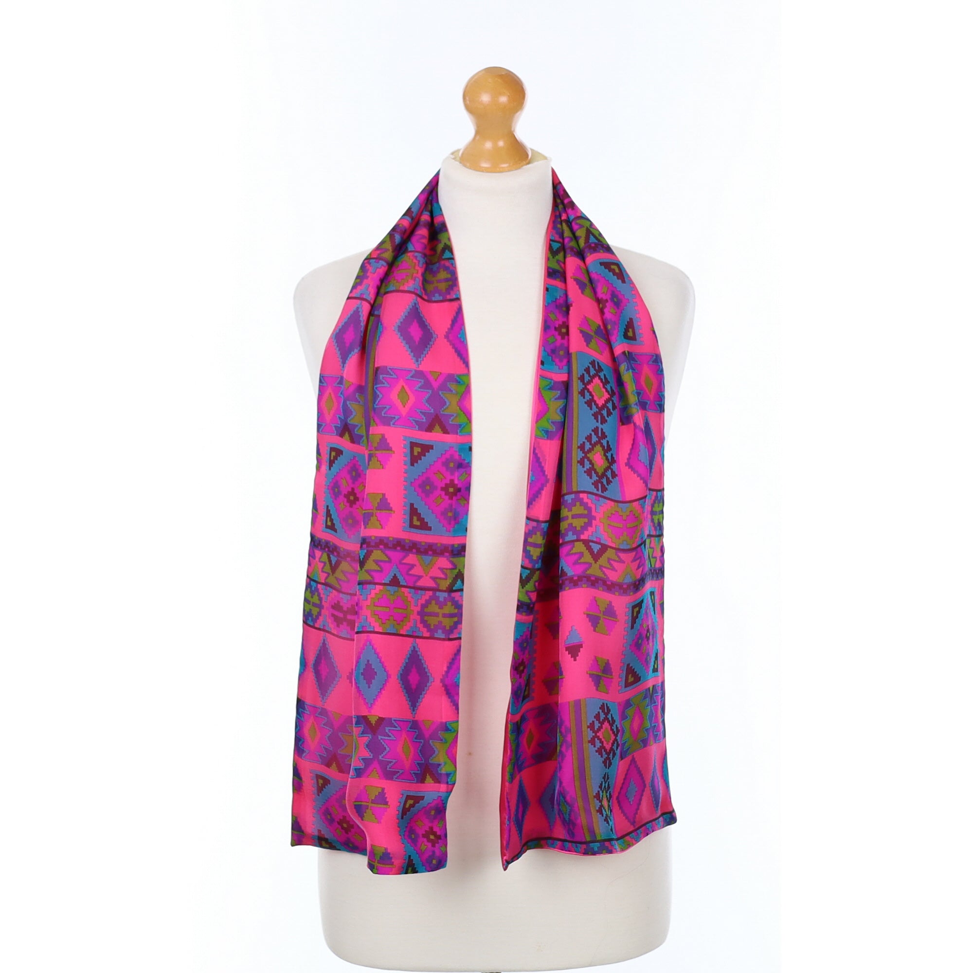 Pink and Turquoise Aztec Design Silk Scarf