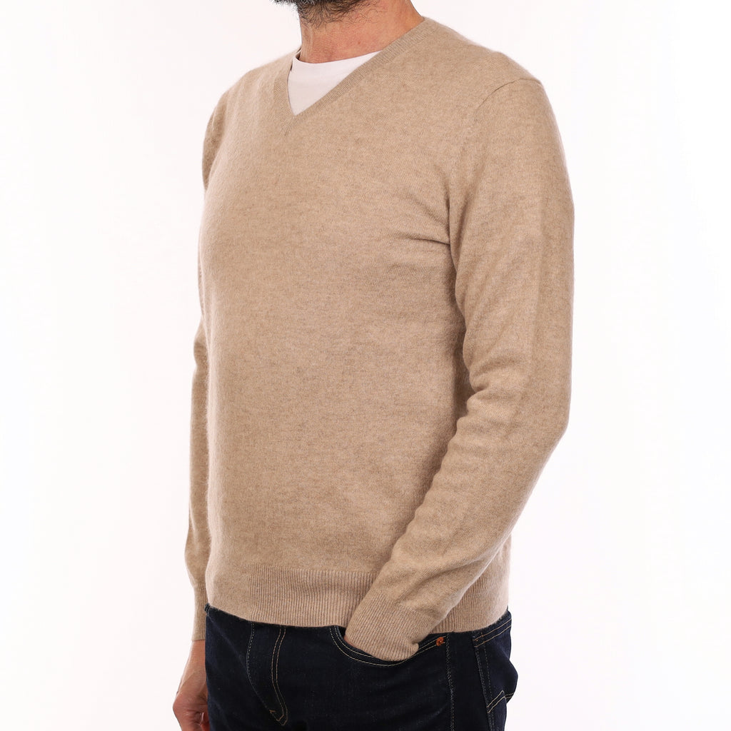 Men's Fawn Brown Cashmere V Neck Jumper Small