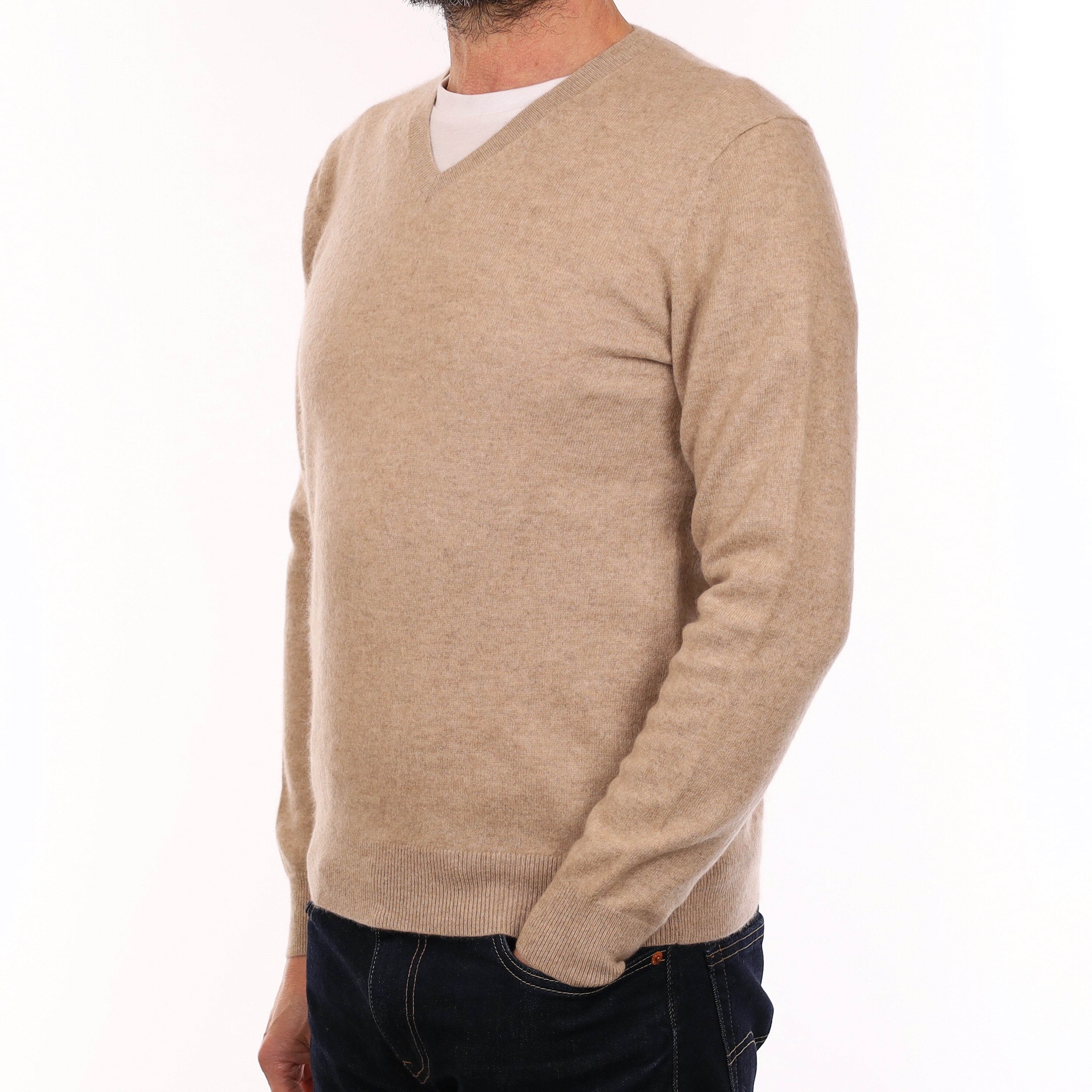 Men's Fawn Brown Cashmere V Neck Jumper Small