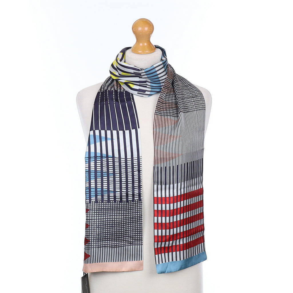 Brand New Blue Geometric Double Faced Silk Scarf