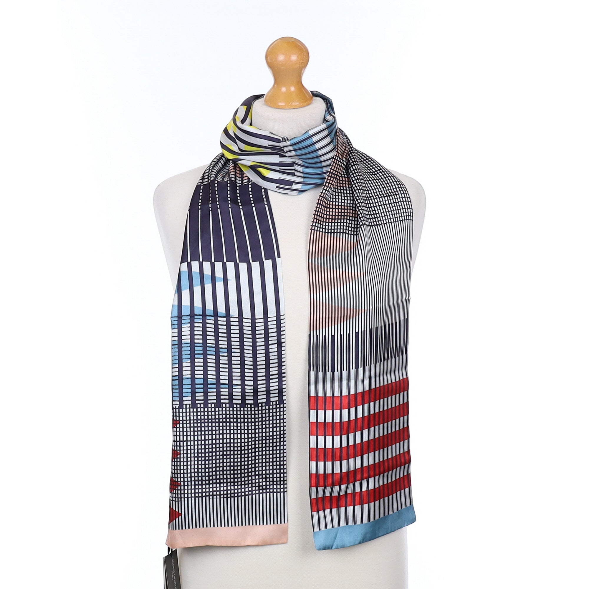 Brand New Blue Geometric Double Faced Silk Scarf