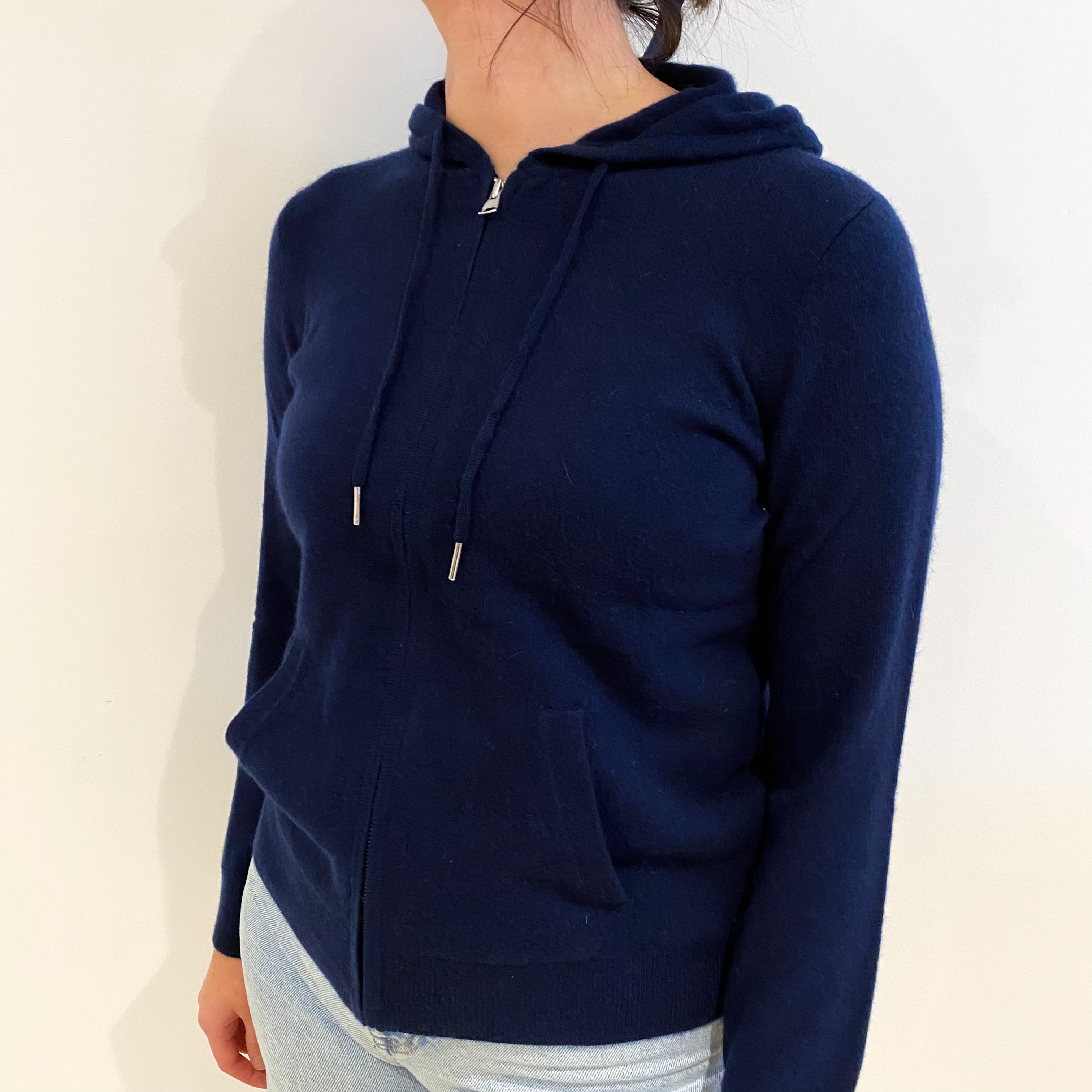 Navy Blue Cashmere Zip Up Hoodie With Pockets Small