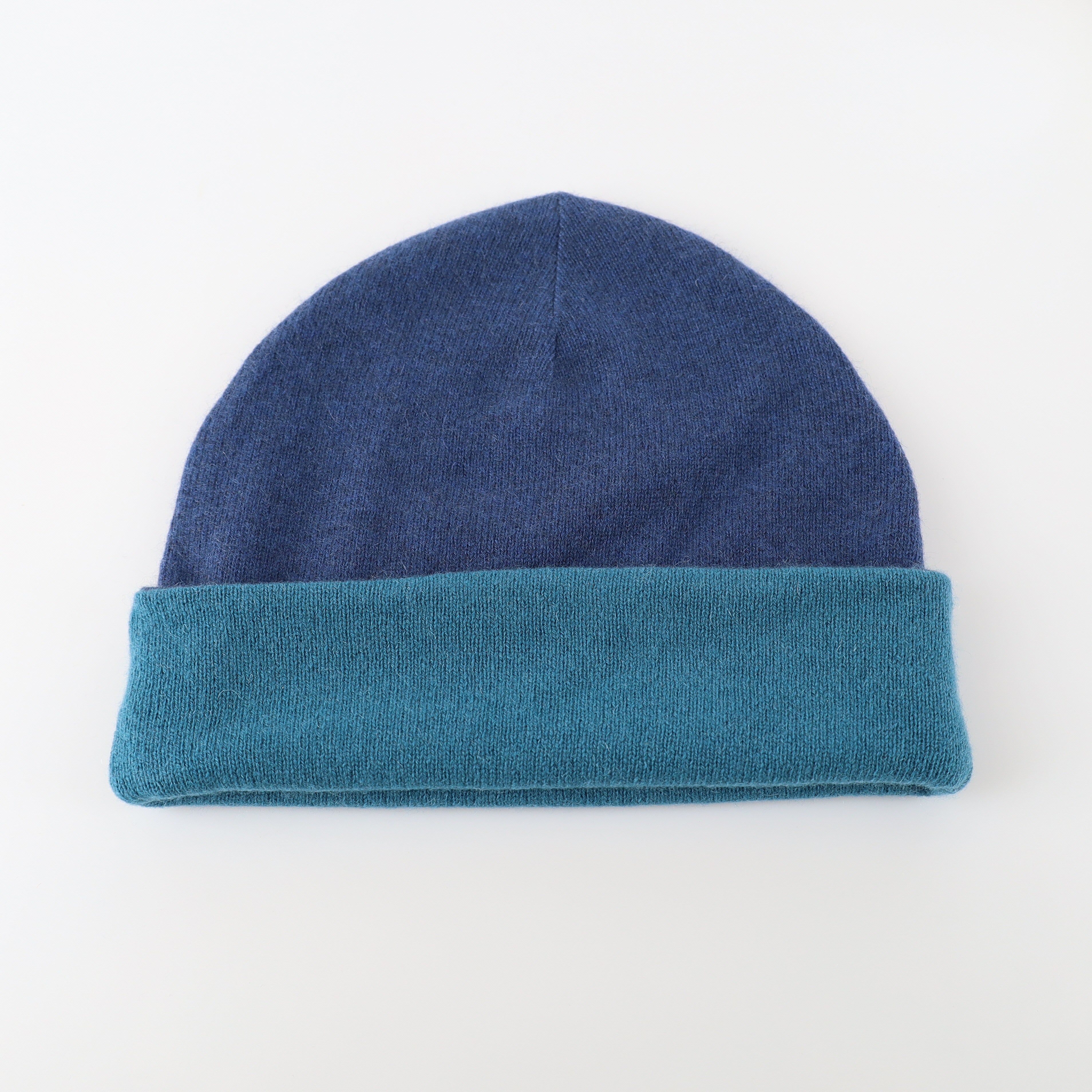 Naval Blue and Ocean Green Reversible Cashmere Beanie Hat