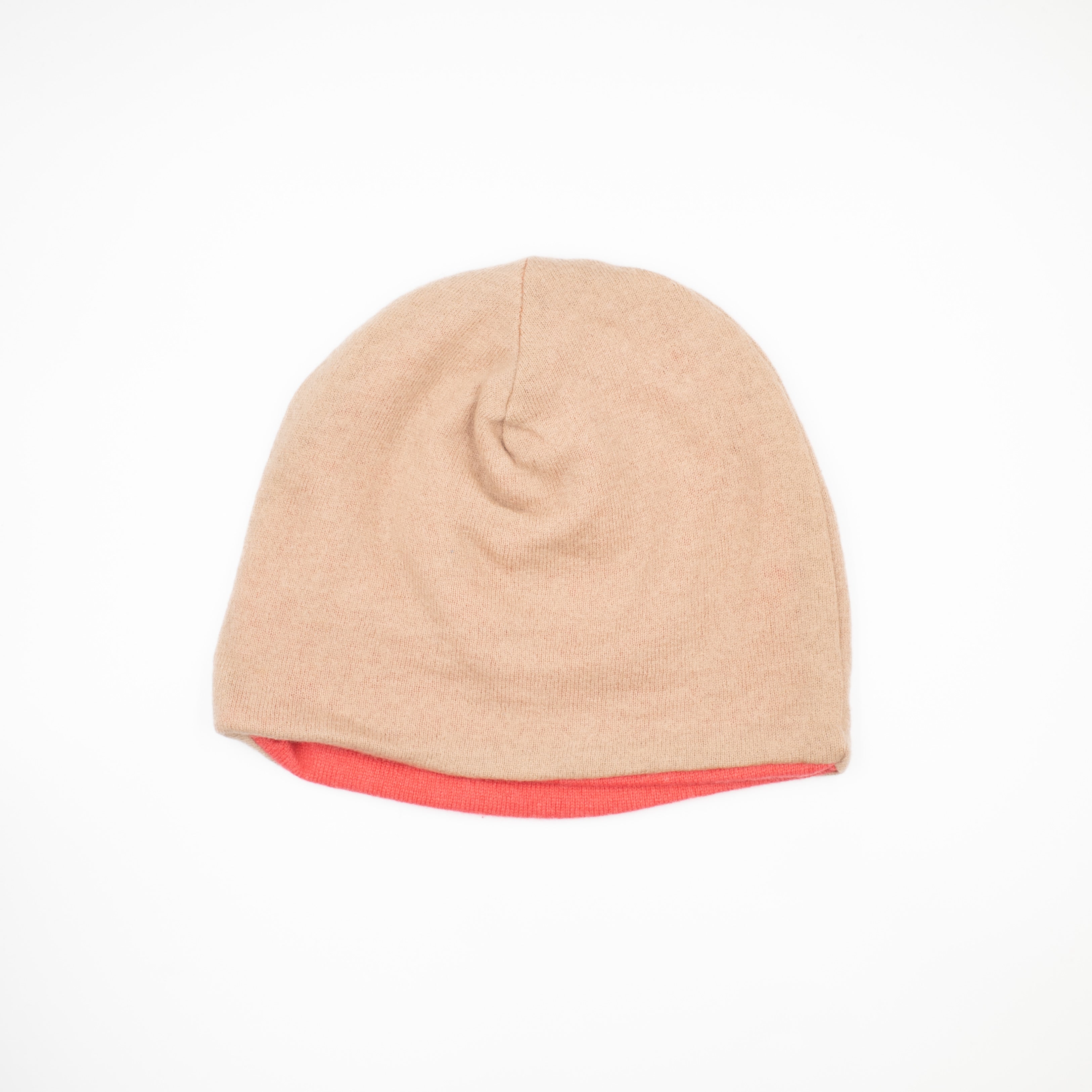 Soft Brown and Cherry Pink Cashmere Beanie Hat
