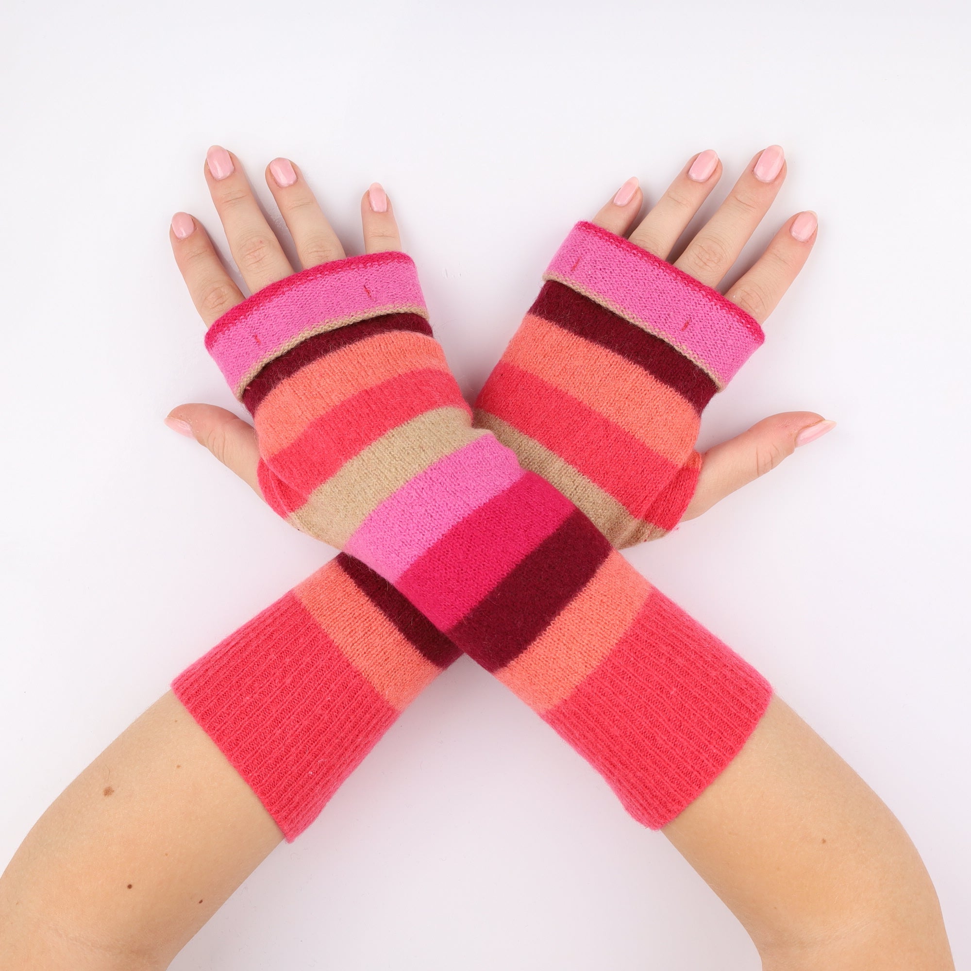 Mixed Pink Striped Fingerless Gloves