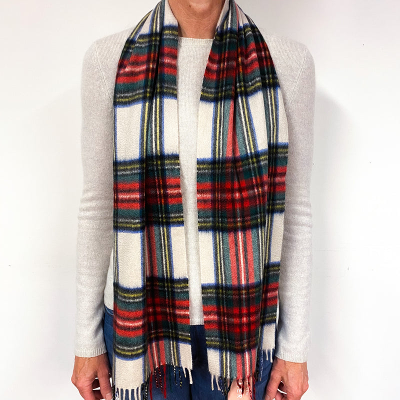 Ivory Red and Green Fringed Cashmere Woven Scarf