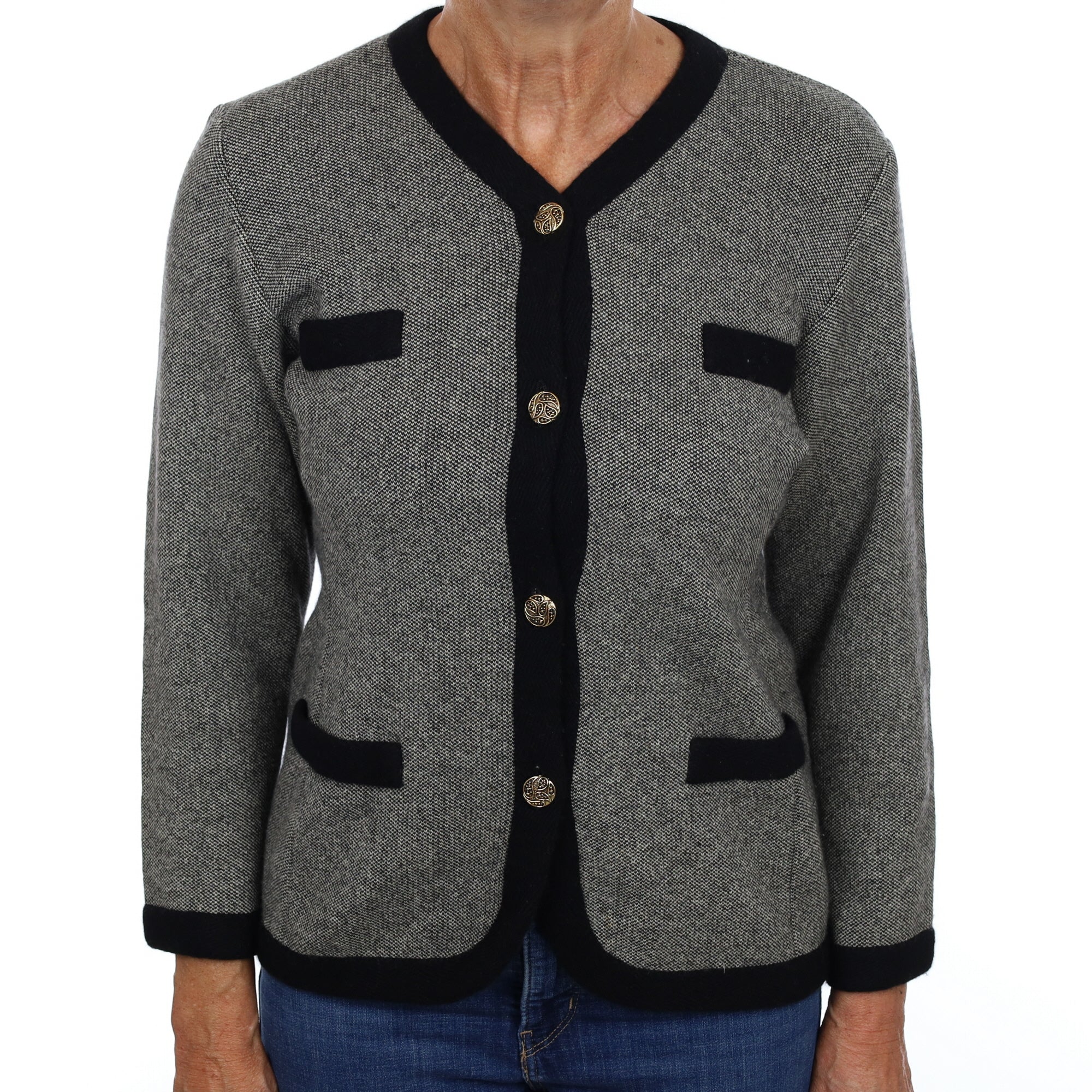 Black Beige Marl Cashmere V Neck Jacket Medium