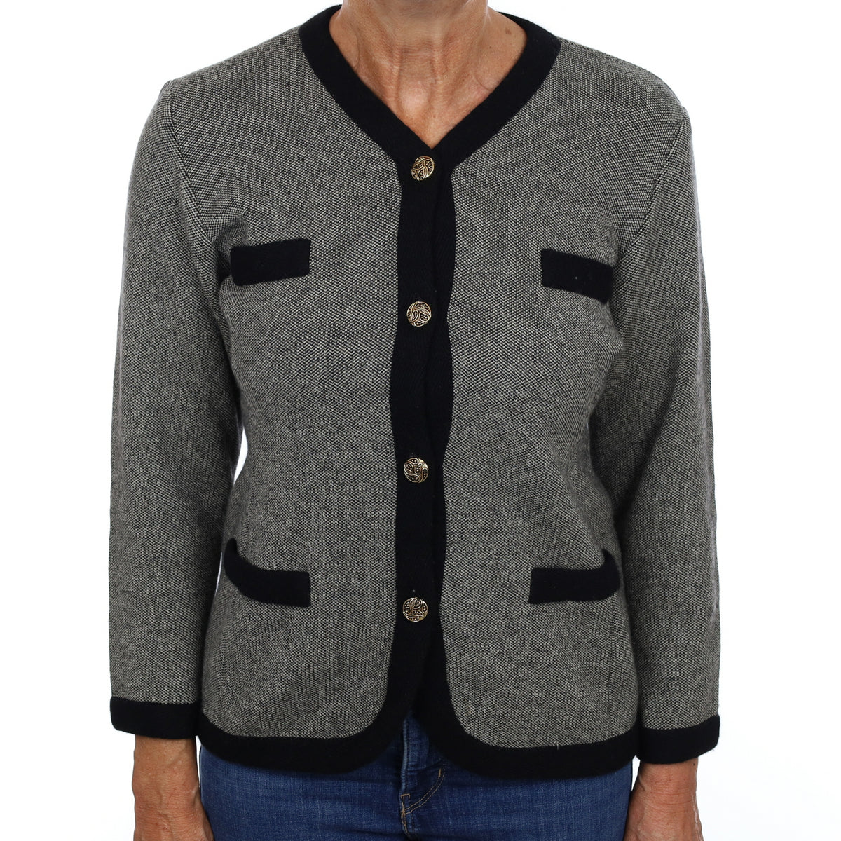 Black Beige Marl Cashmere V Neck Jacket Medium
