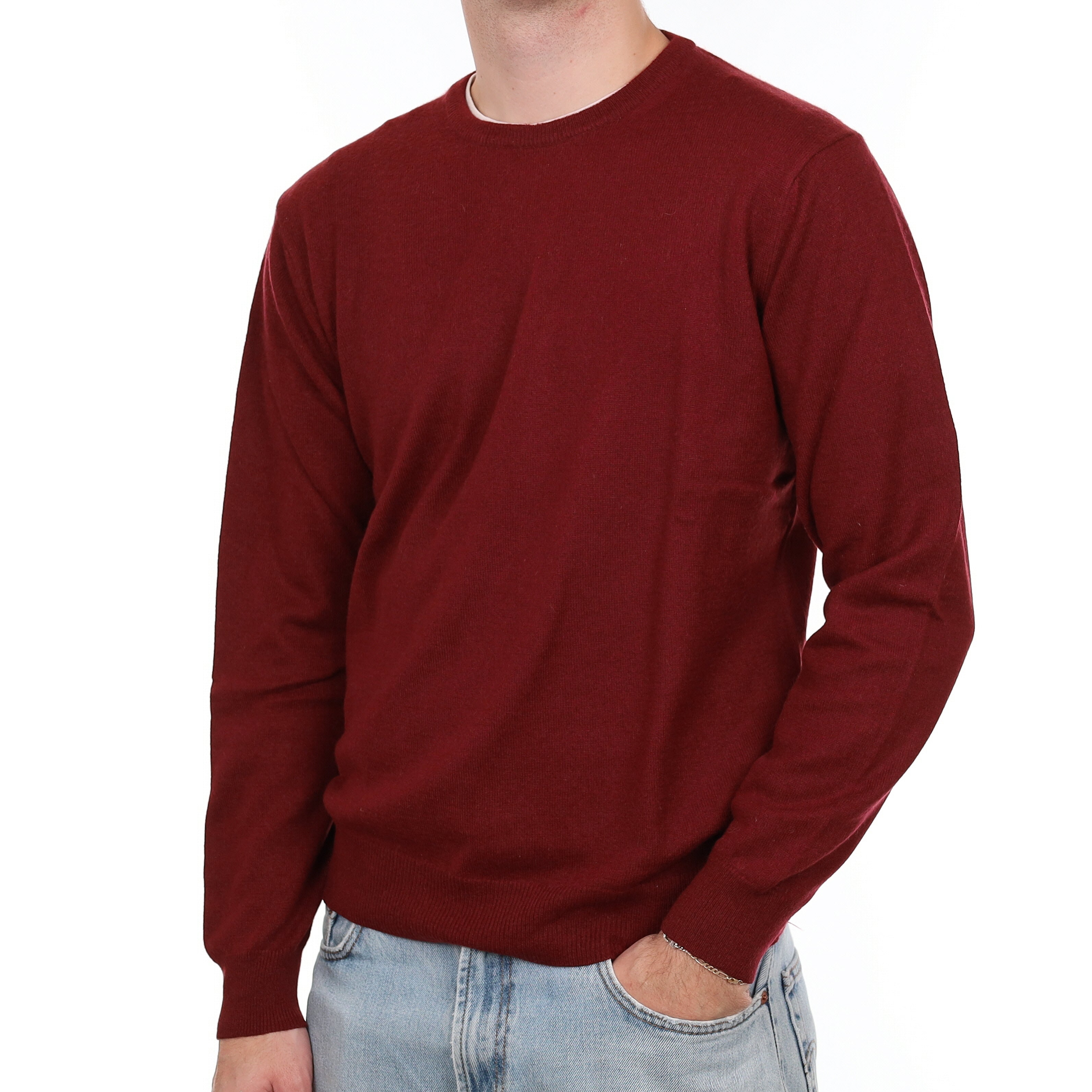 Men's Burgundy Red Cashmere Crew Neck Jumper Large