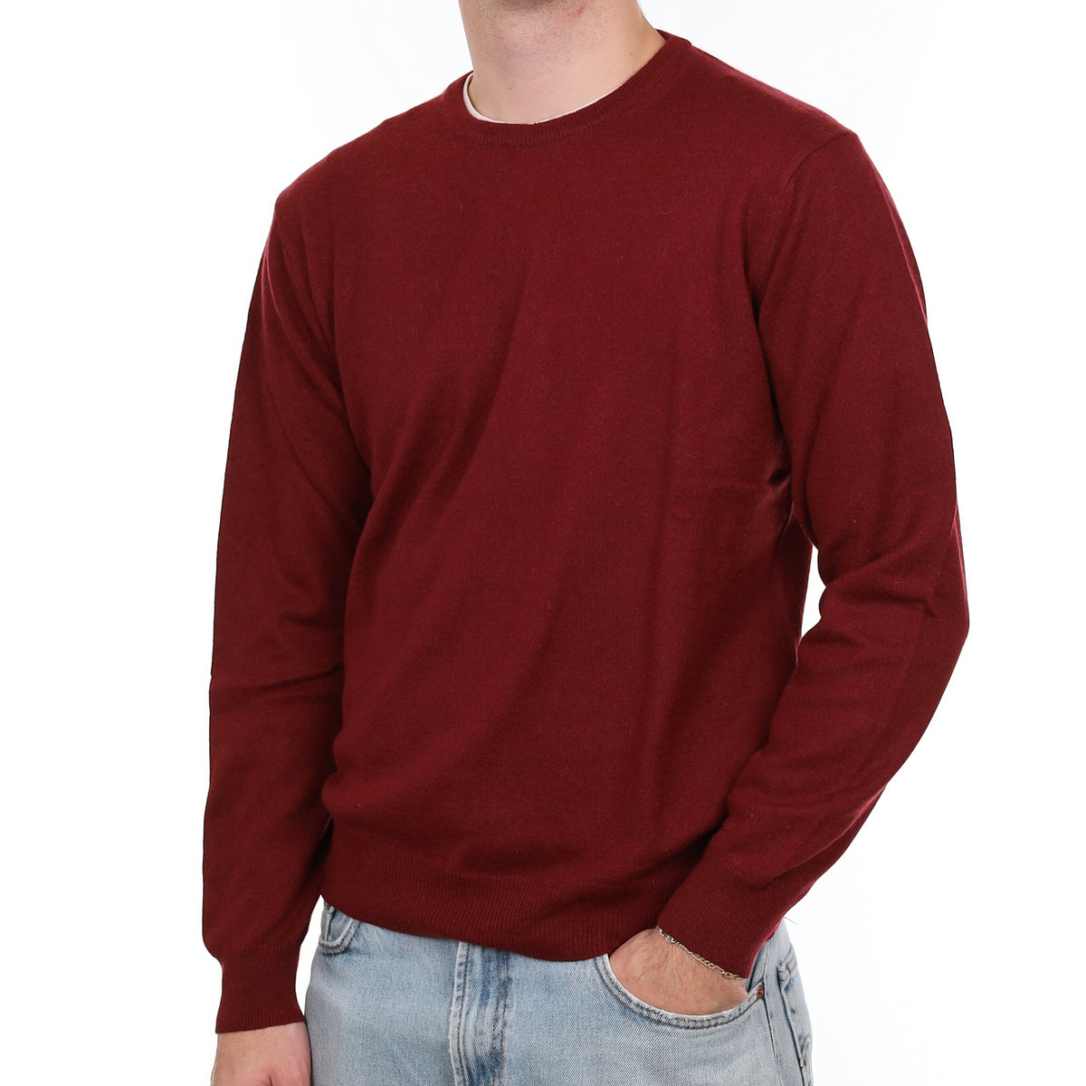 Men's Burgundy Red Cashmere Crew Neck Jumper Large