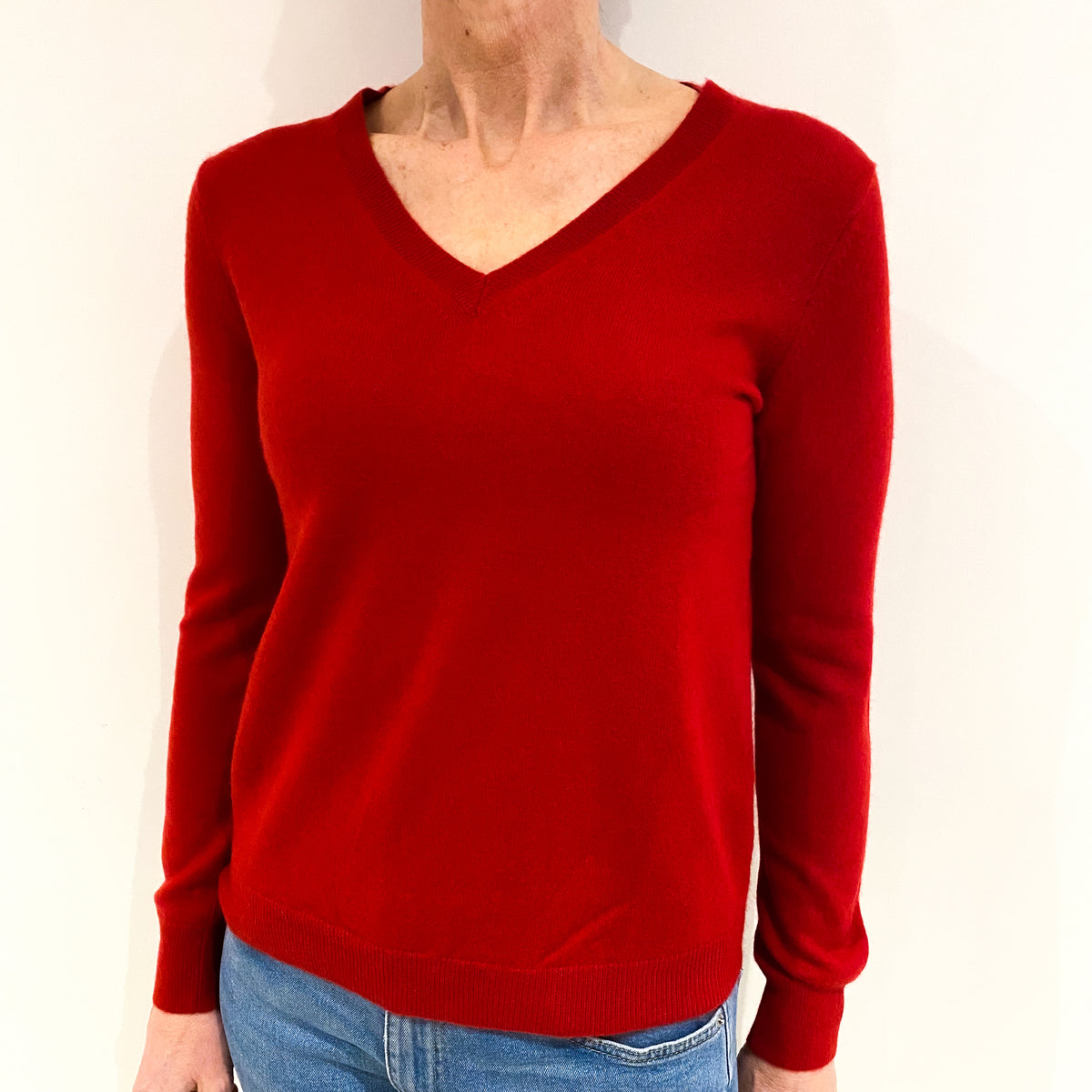 Scarlet Red Cashmere V Neck Jumper Small