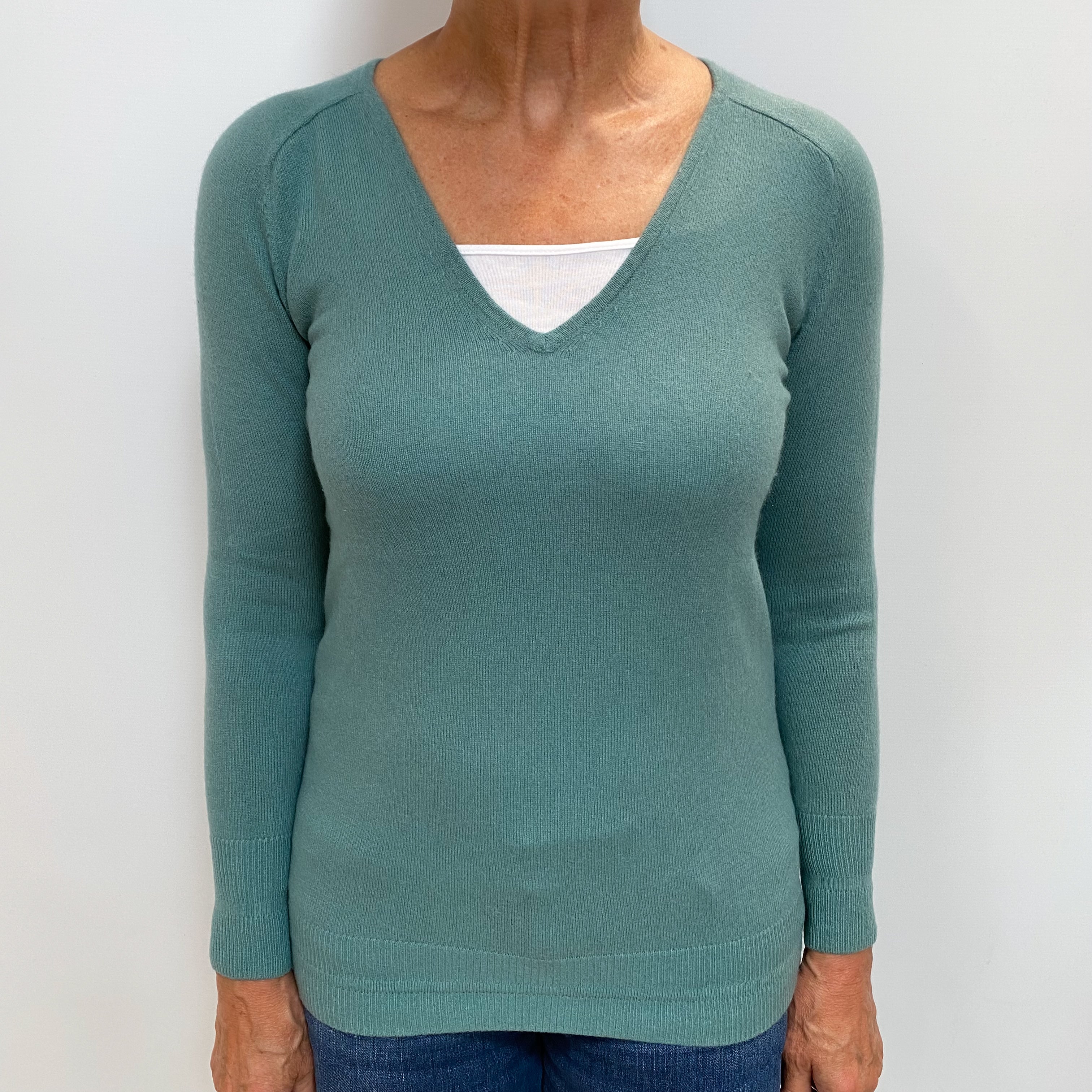 Sea Green Cashmere V Neck Jumper Medium