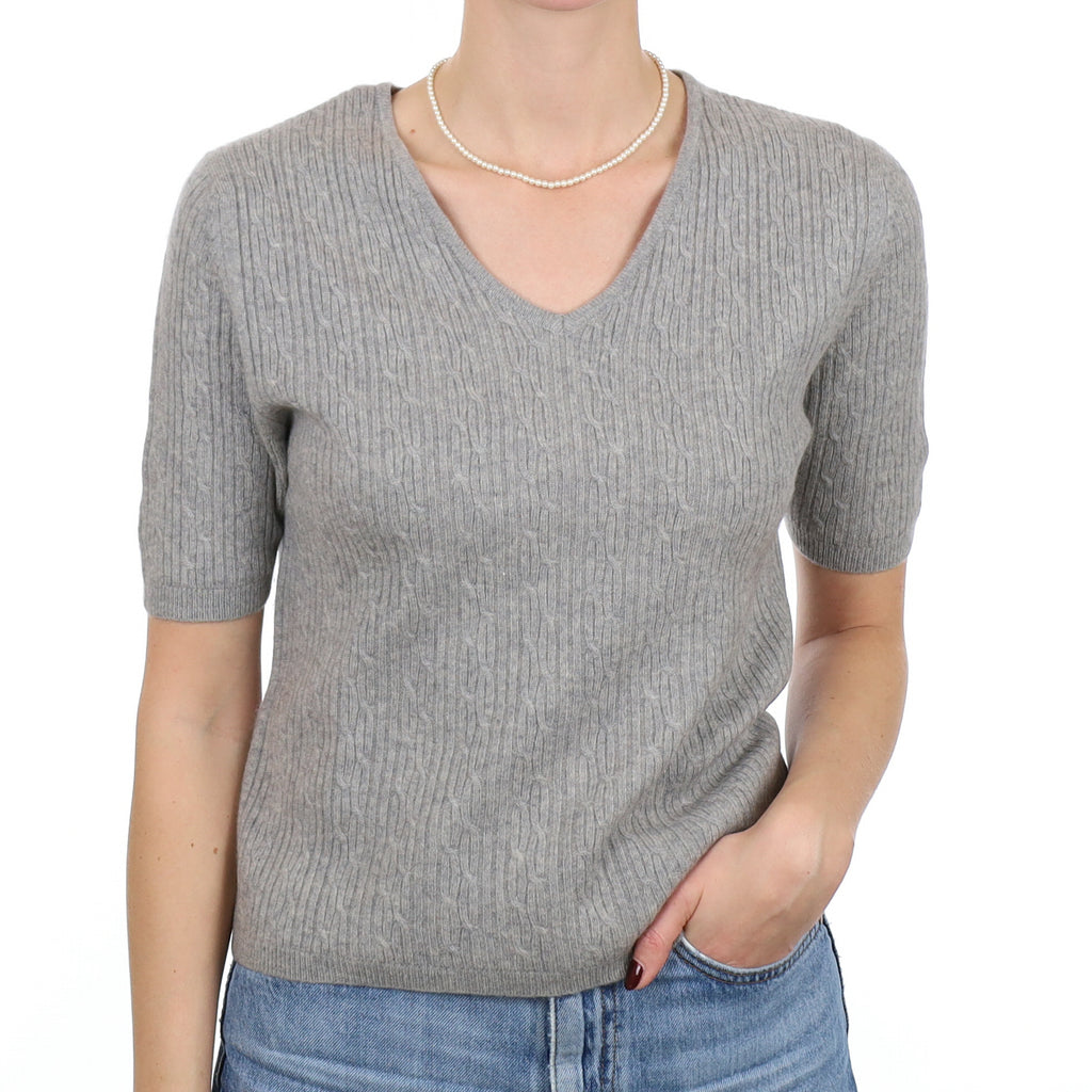 Smoke Grey Cable Cashmere Short Sleeve V Neck Jumper Small