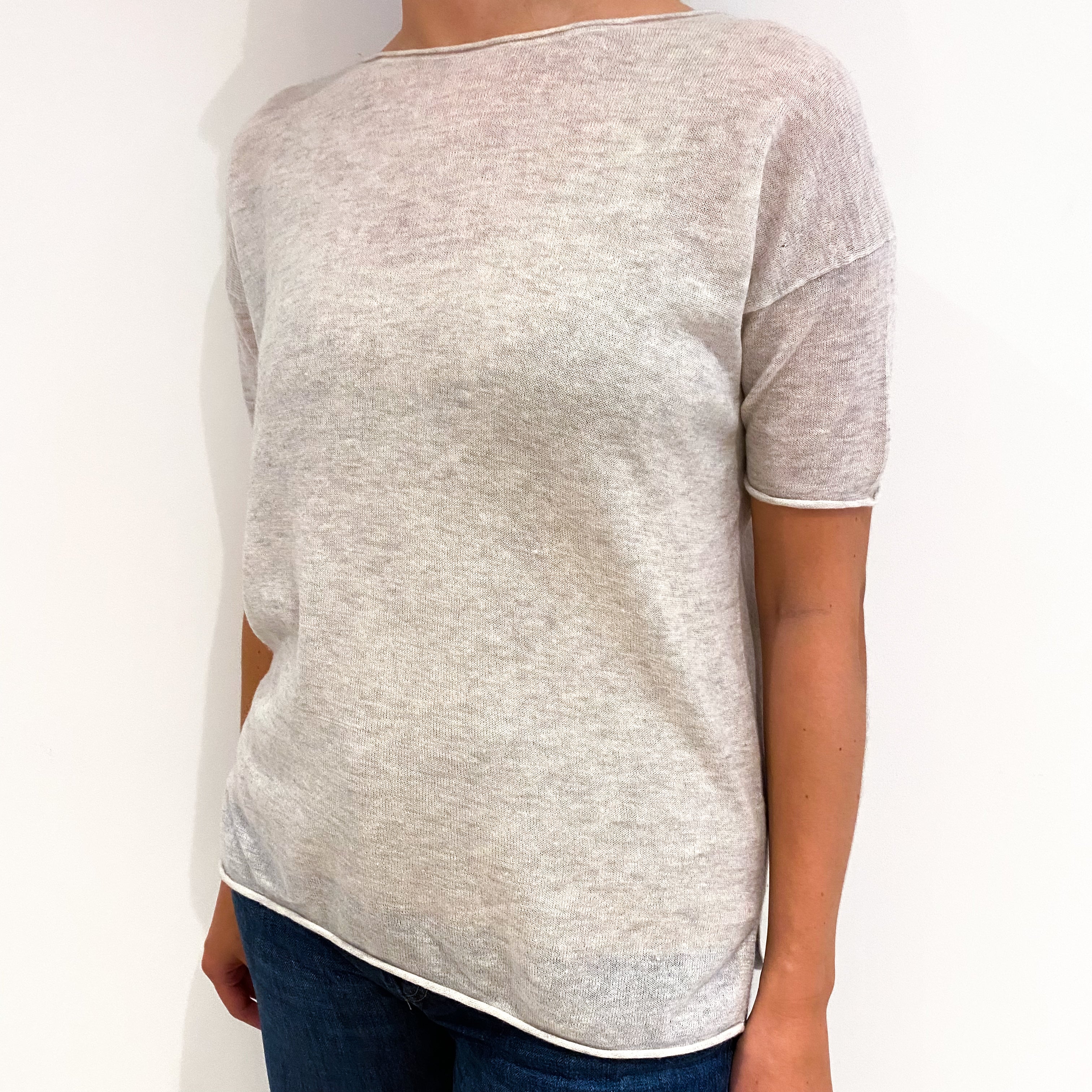 Mist Grey Fine Knit Short Sleeved Cashmere Jumper Medium