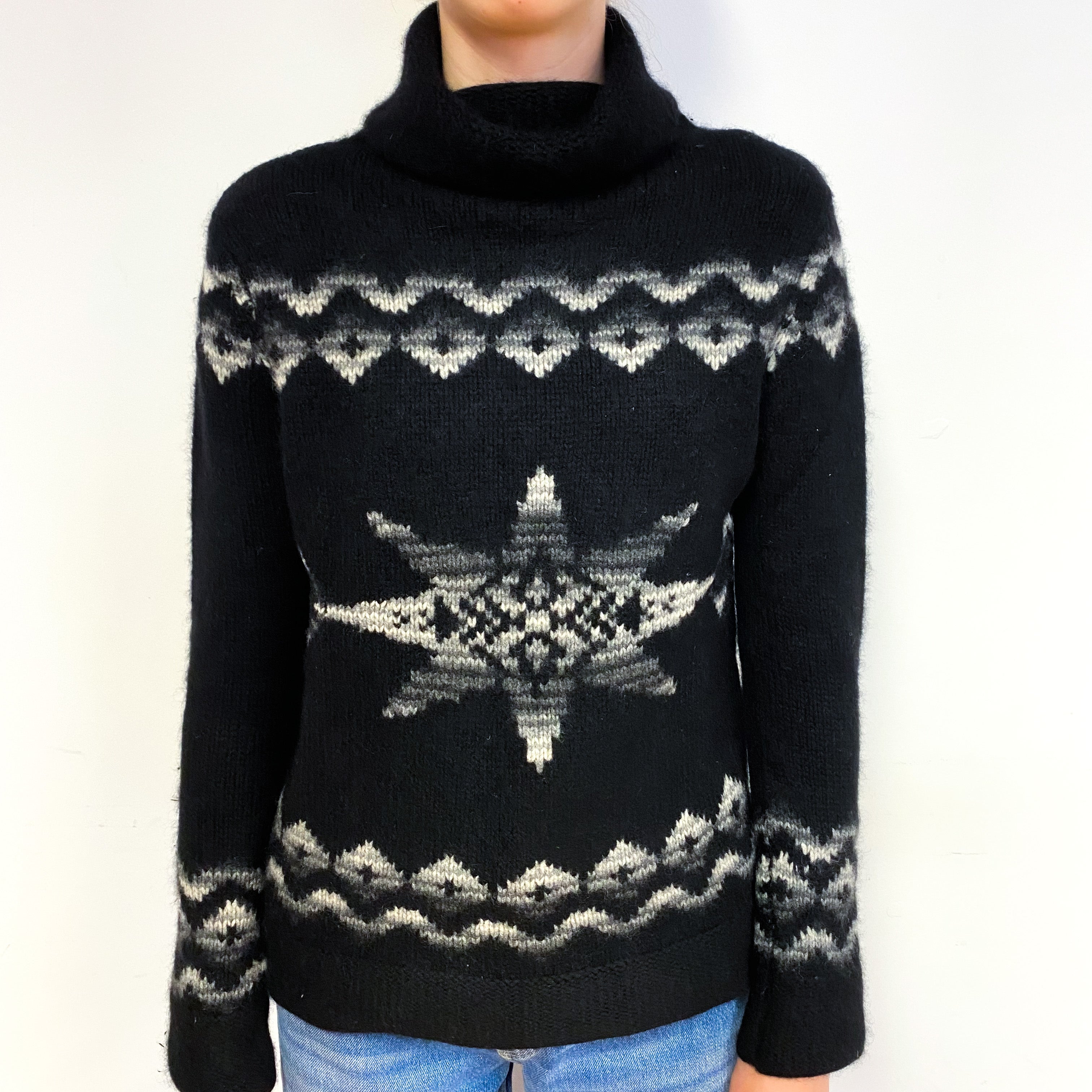 Black Aztec Chunky Cashmere Polo Neck Jumper Extra Small