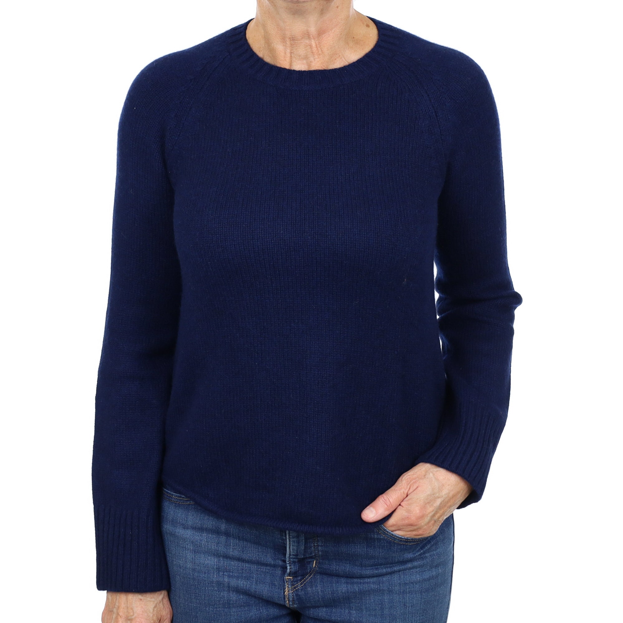 Navy Cashmere Scooped Hem Crew Neck Jumper Medium