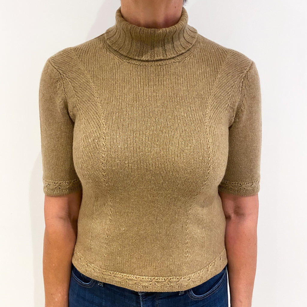 Taupe Brown Cashmere Polo Neck Short Sleeved Jumper Medium