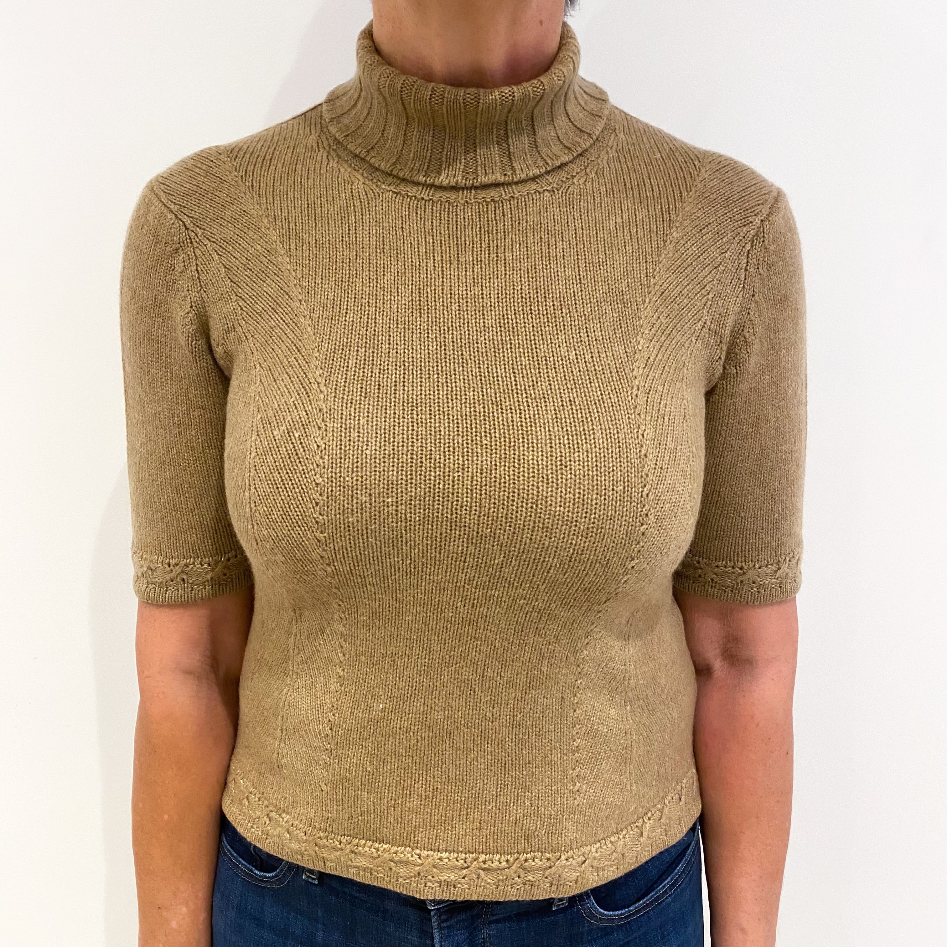 Taupe Brown Cashmere Polo Neck Short Sleeved Jumper Medium