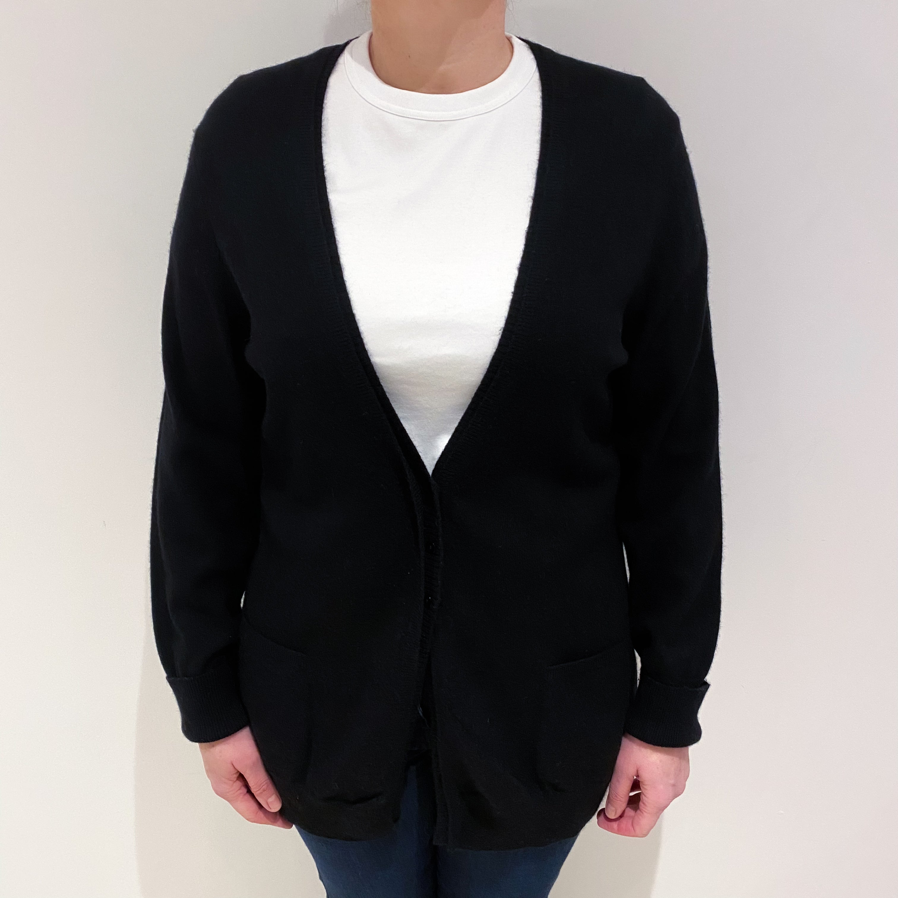Black Cashmere Low V Neck Cardigan with Pockets Large