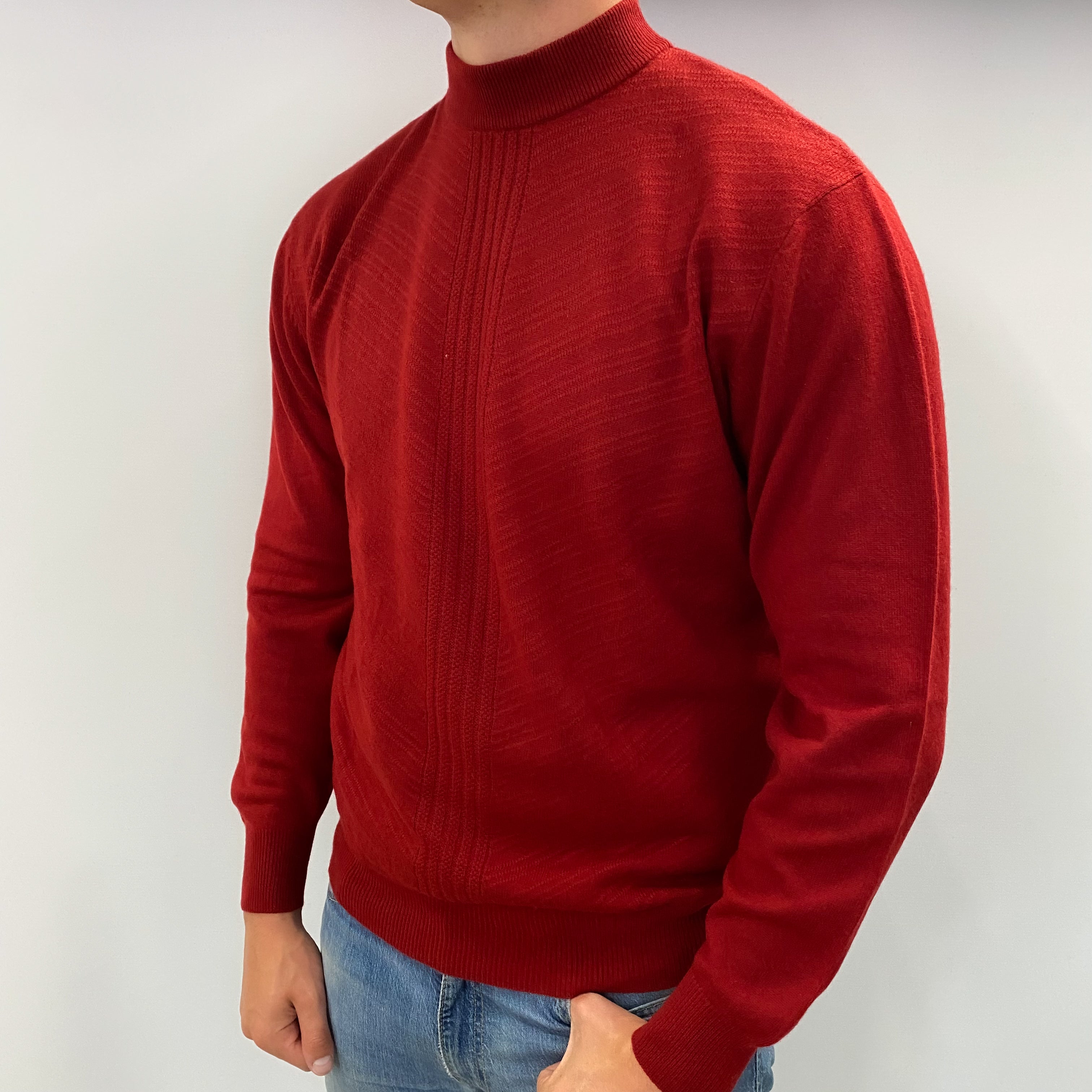 Men's Phoenix Red Cashmere Turtle Neck Textured Jumper XL