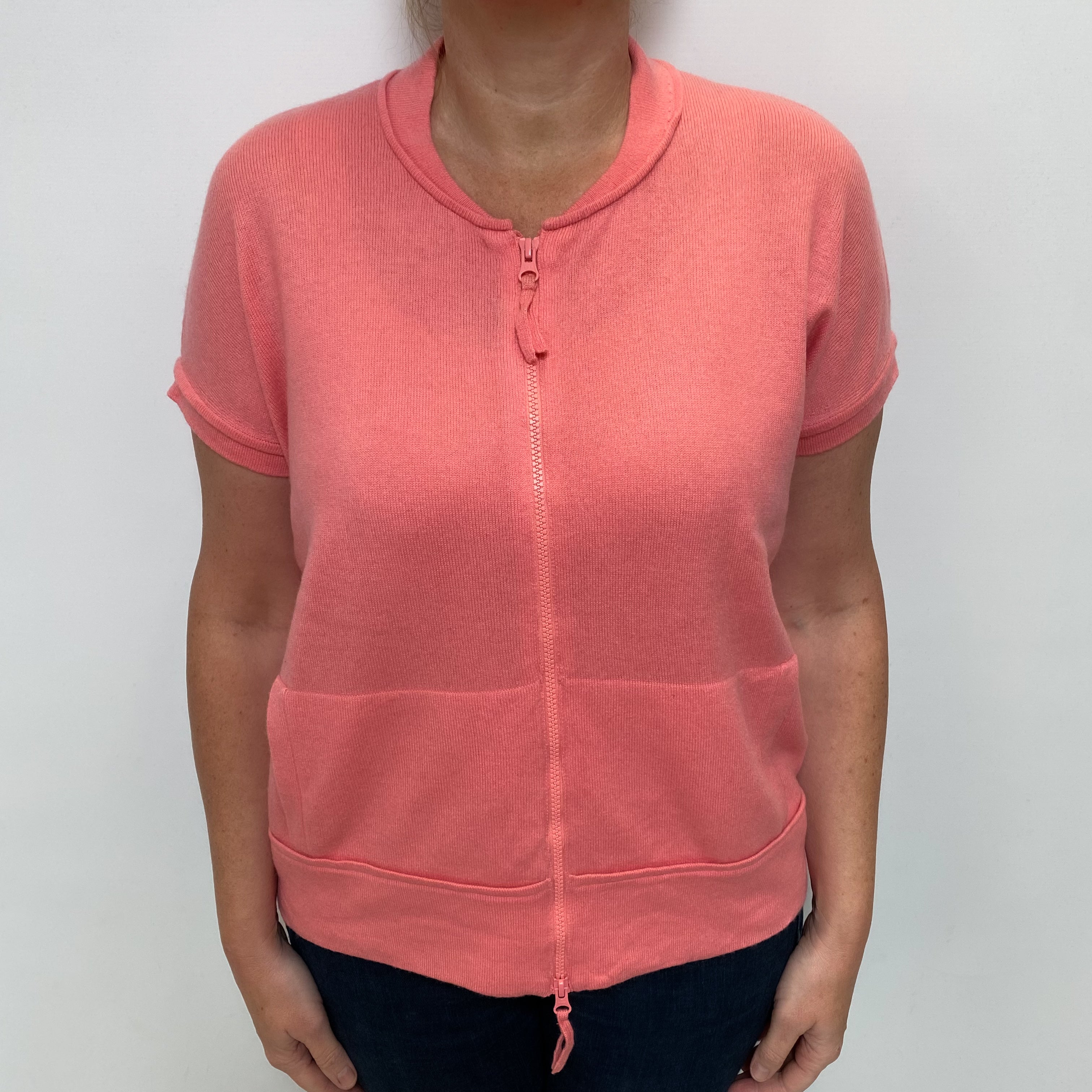 Coral Pink Cashmere Zip Up Capped Sleeve Cardigan Large